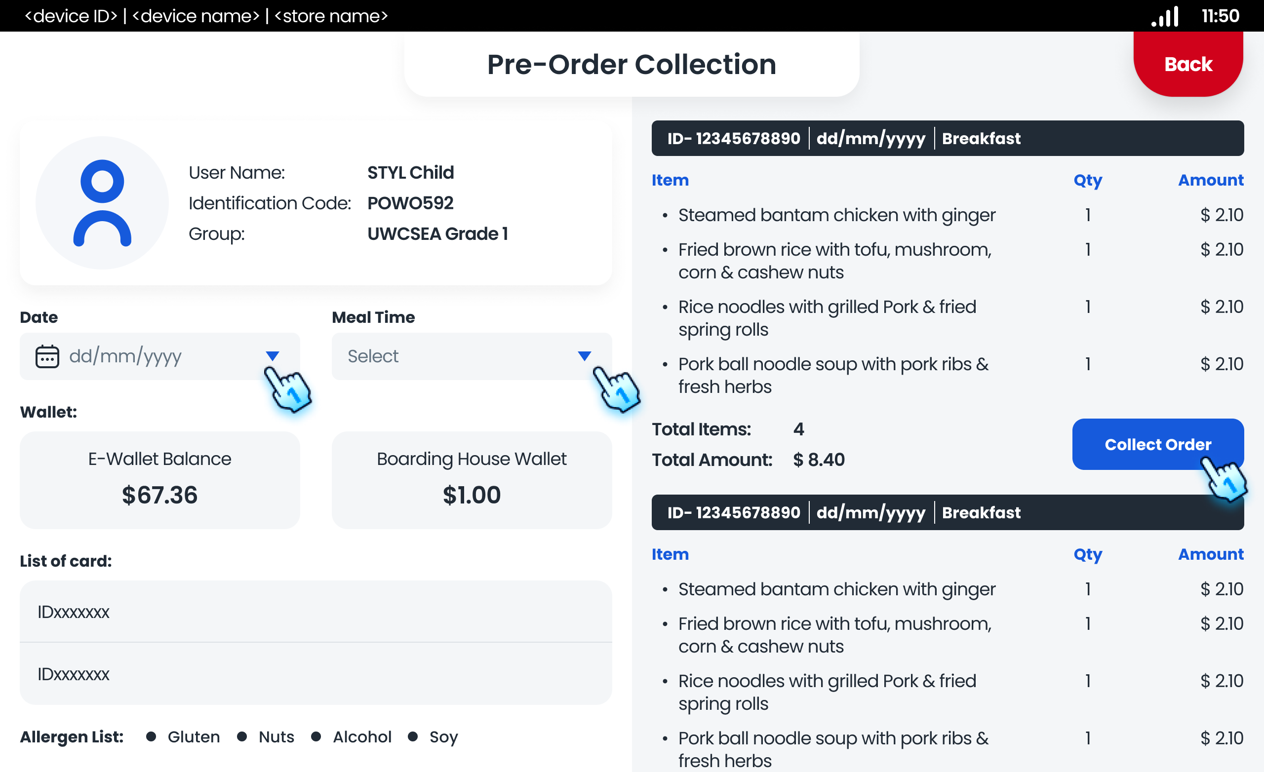 Filter by Date or Meal time adn Tap "Collect" button at each Order