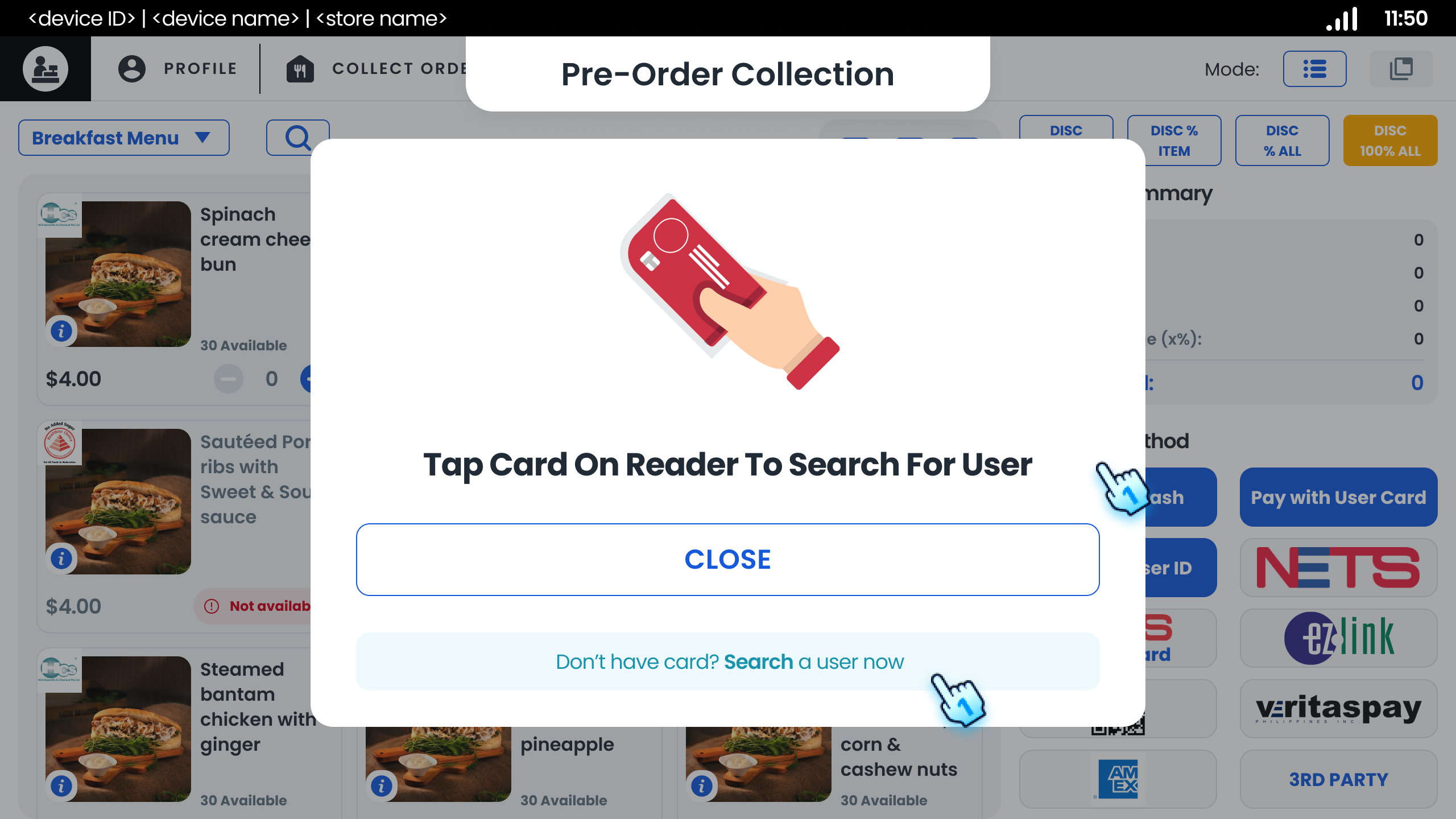 Tap card to process or Tap "Search a user" for manual search