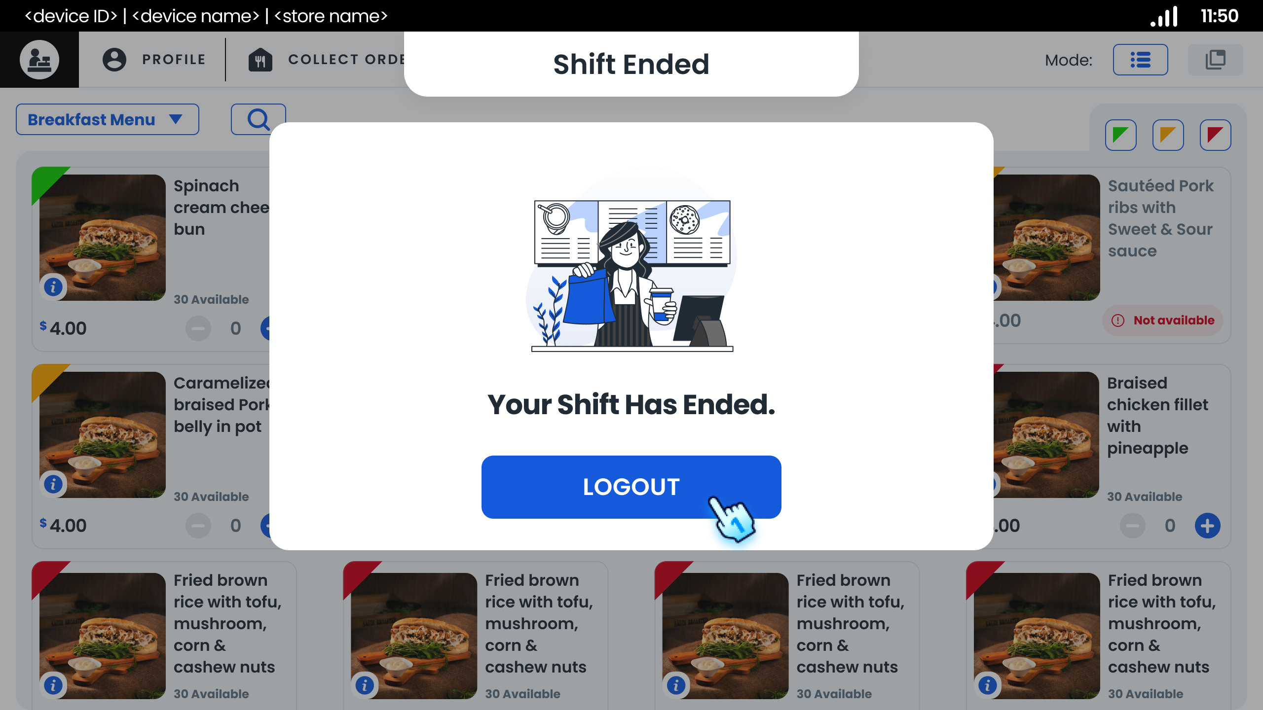 End Shift success and Tap "Logout" button to complete process