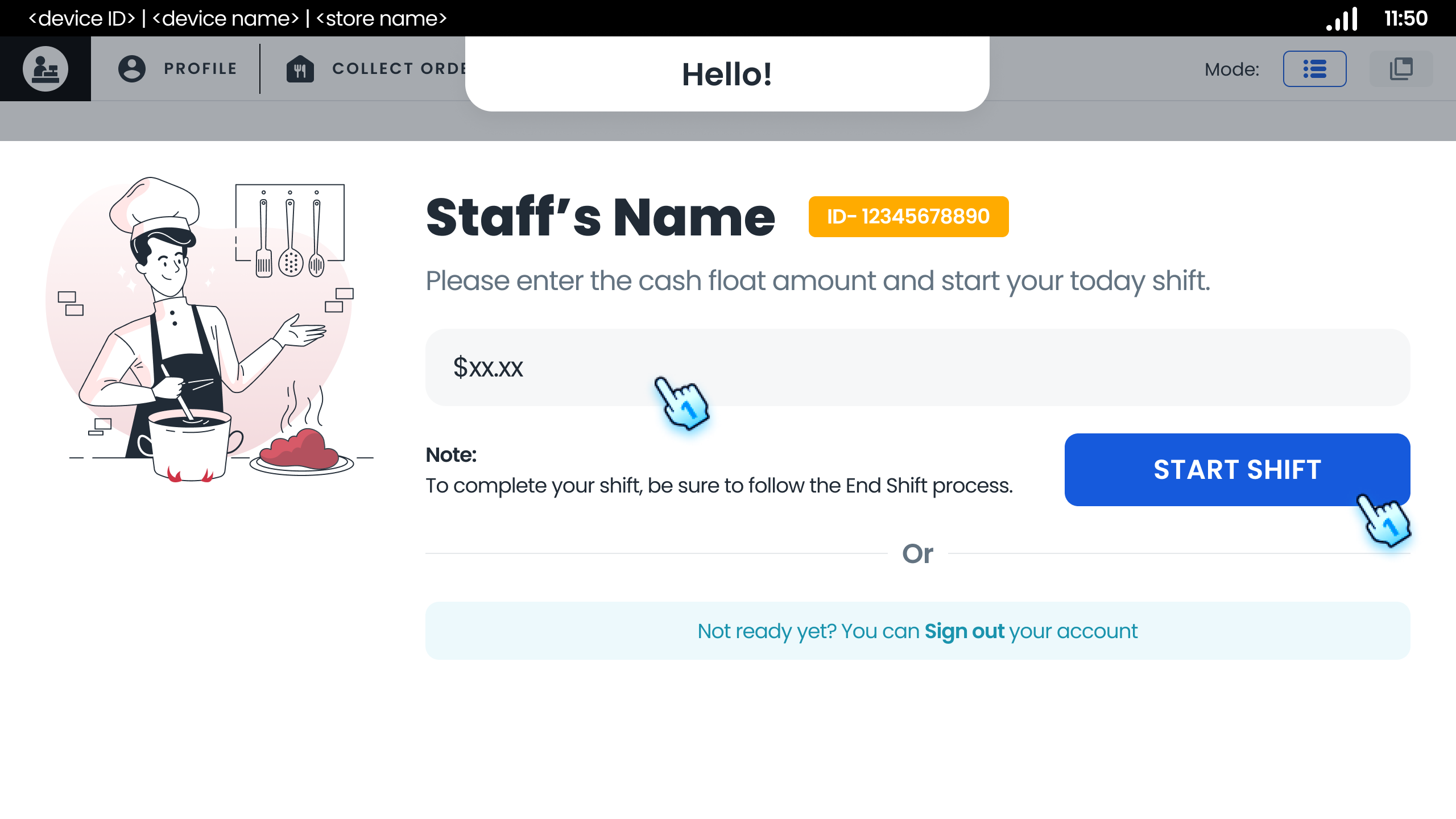 Enter cash float amount to start new shift
