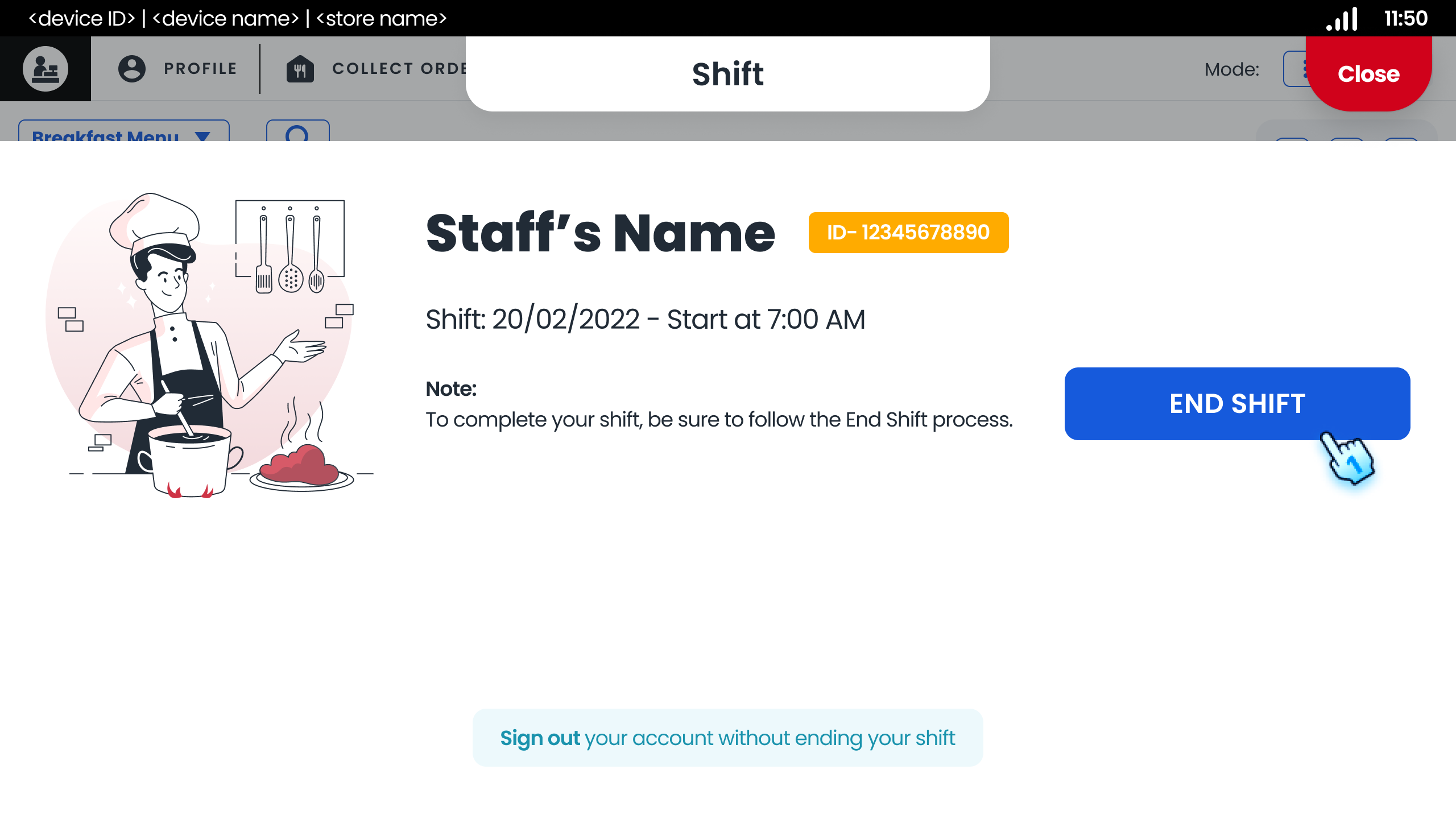 Tap "End Shift" button without Summary