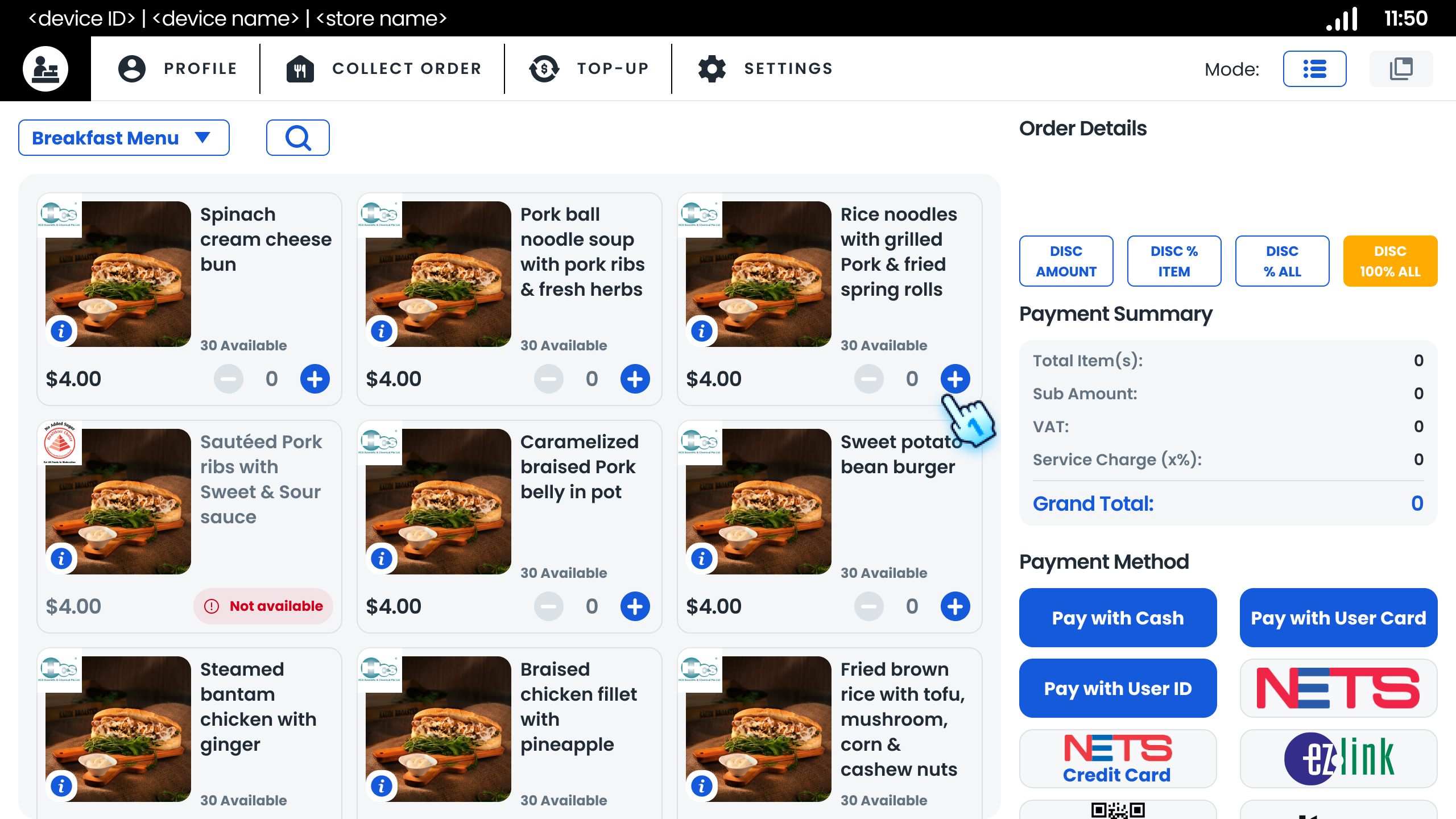 Click to "+" button to add items to cart