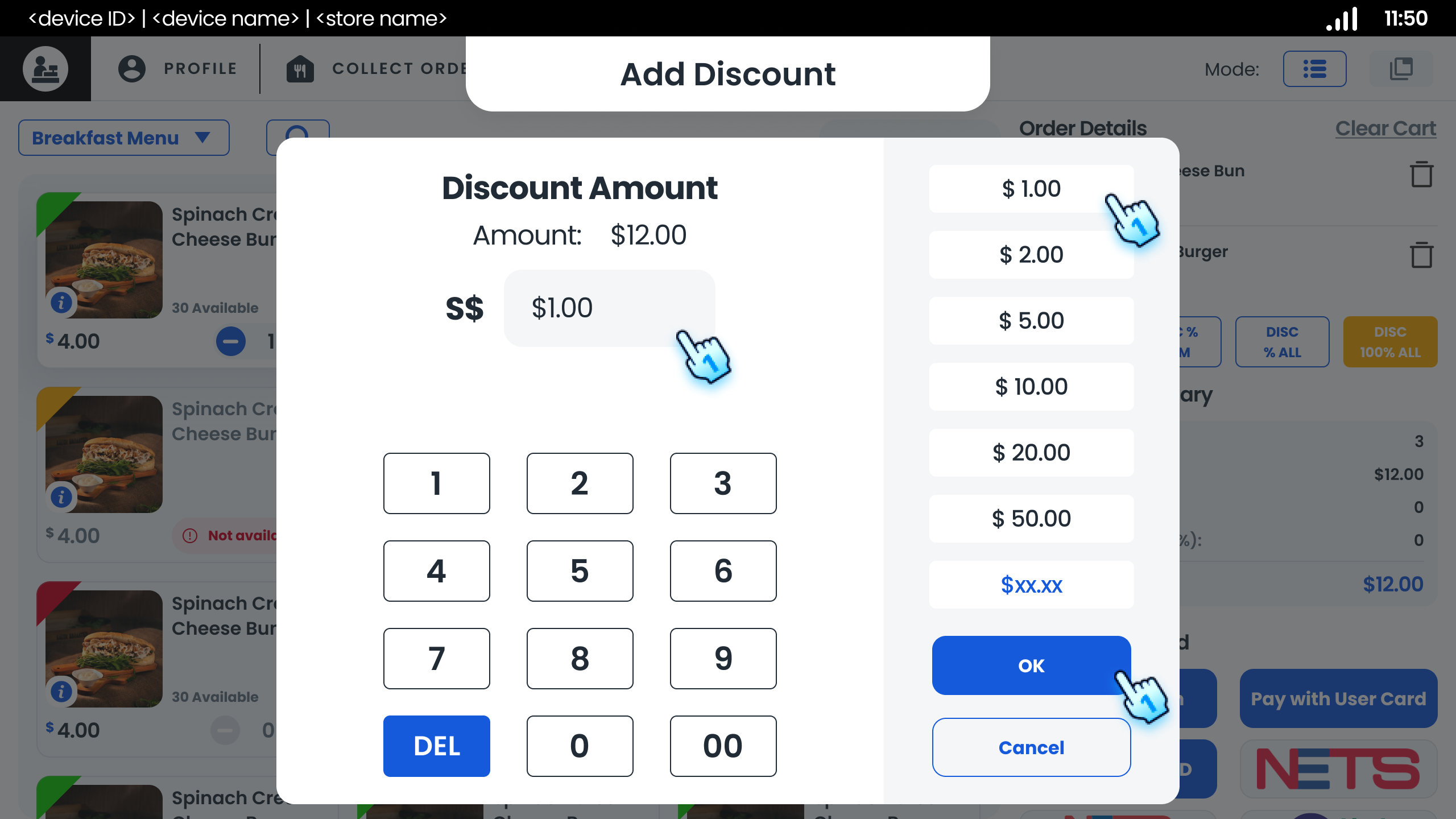 For Amount Discount Items, Enter amount or select the speed button