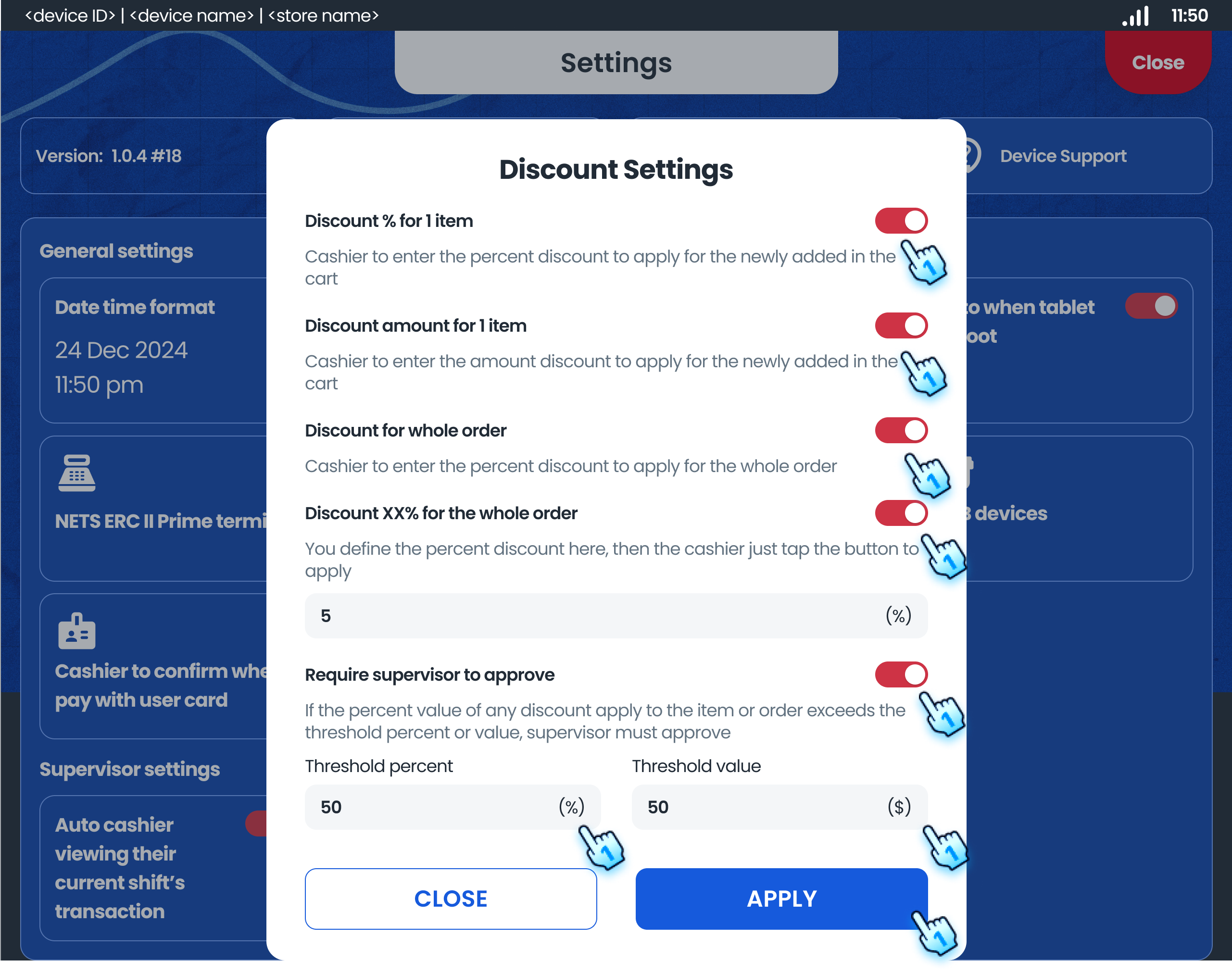 Activate Discount types and Approval needed for payment exceed threshold