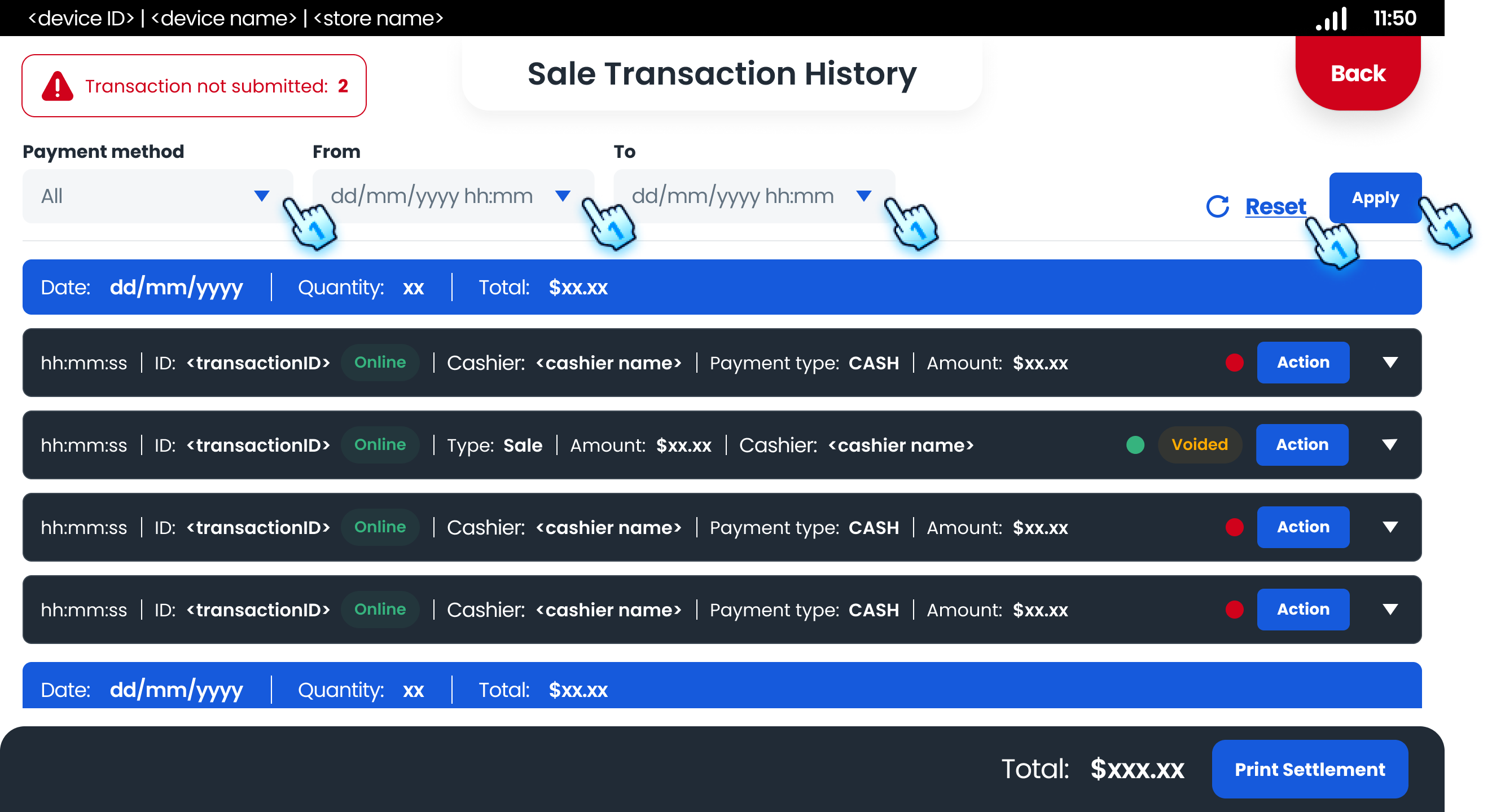 Filter by payment method and period time, Apply and Reset all applied filters