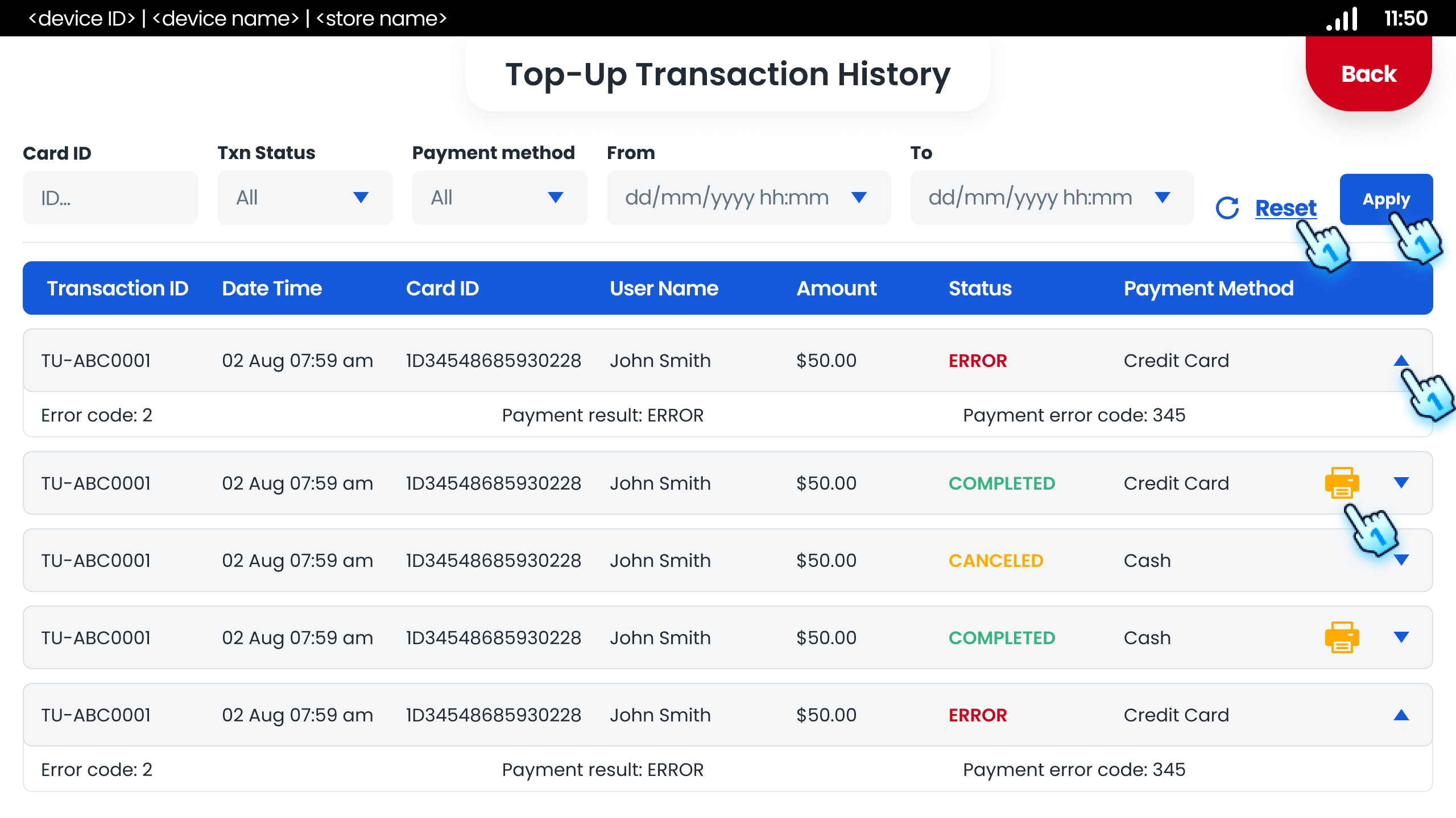 Filter with given keyword, View more details and Re-print the transaction