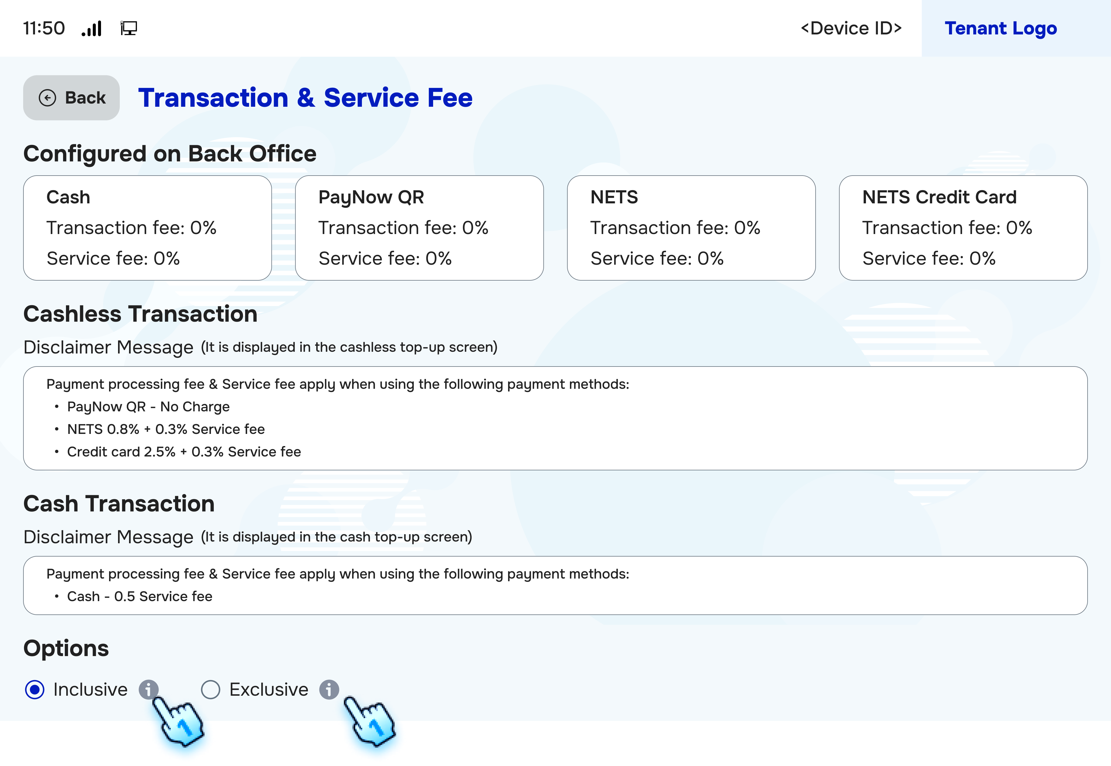 View Transaction & Service Fee, Enter disclaimer message, and View options detail