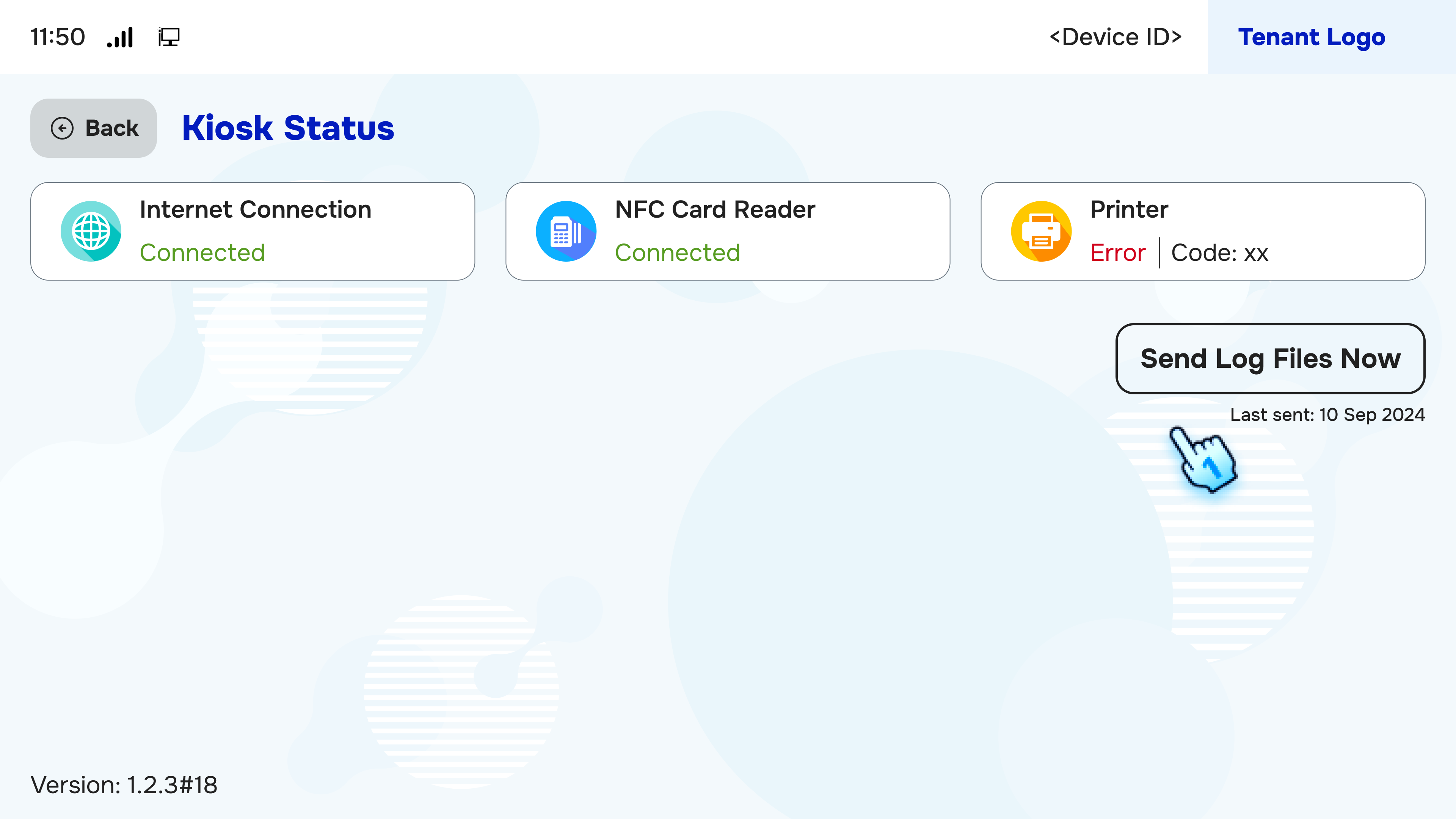 View Kiosk status and Click to Send Log Files now if any