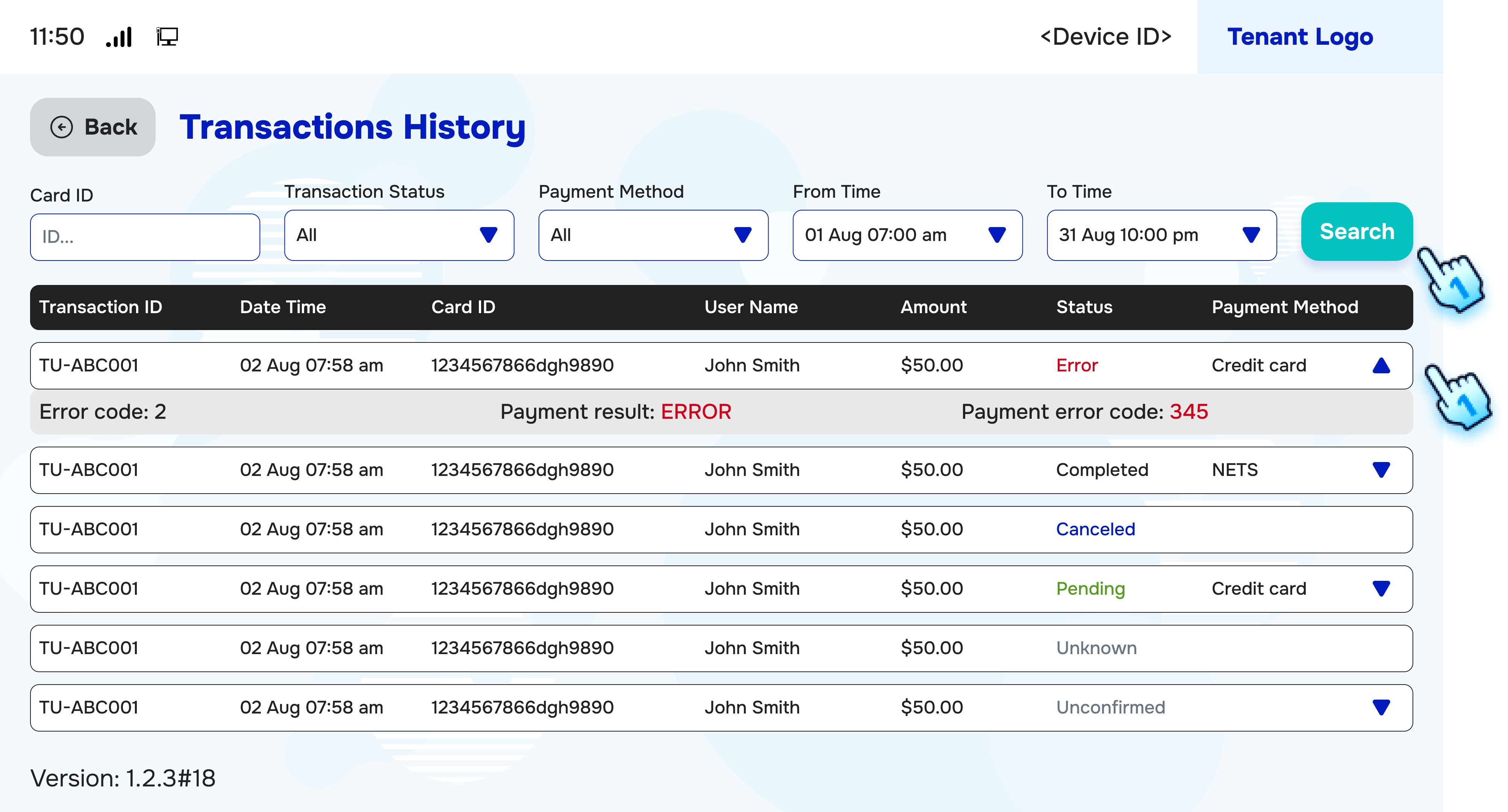 View transation history with filter and click to expand button to see transaction details