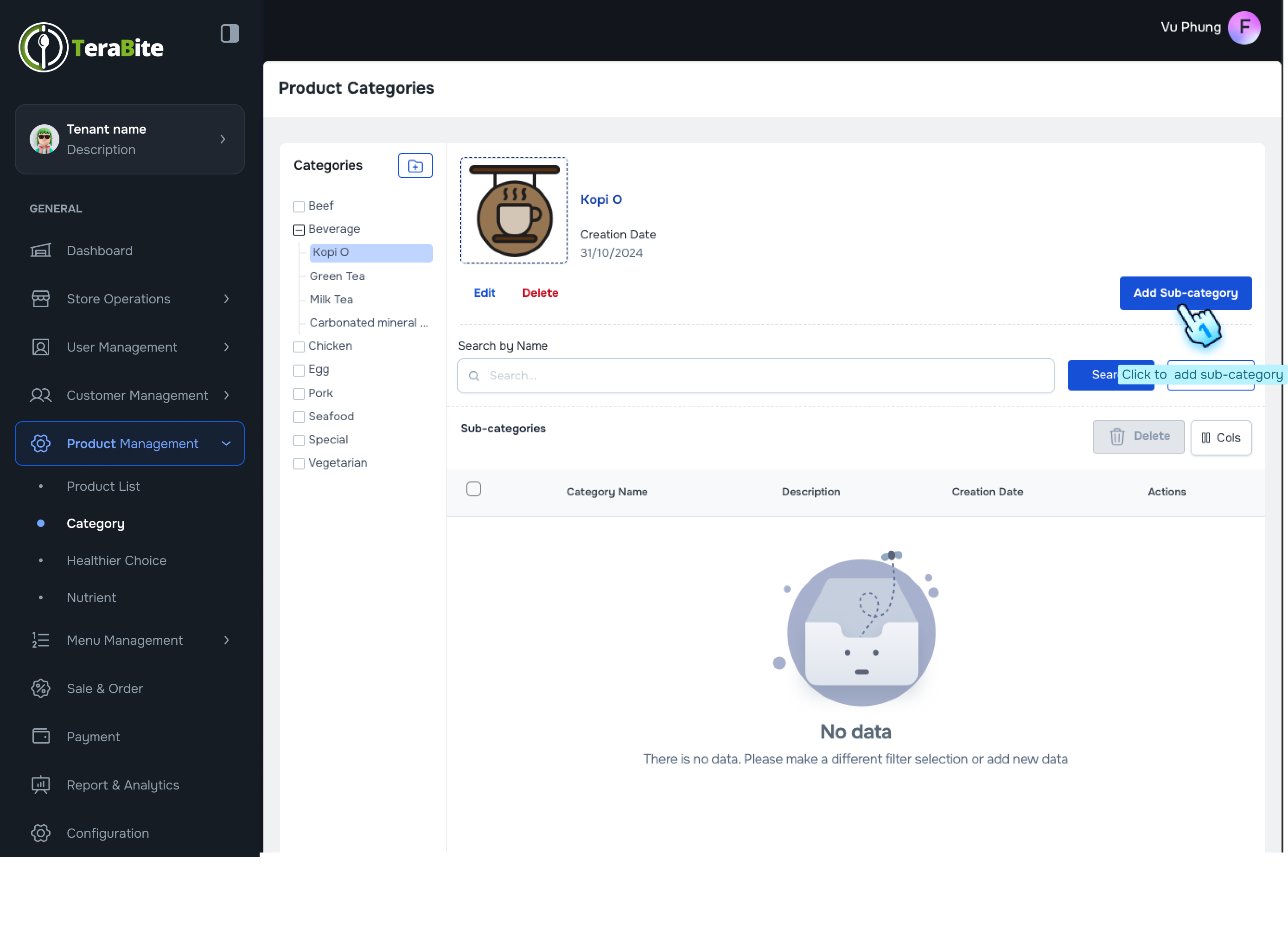Click to add sub-category button