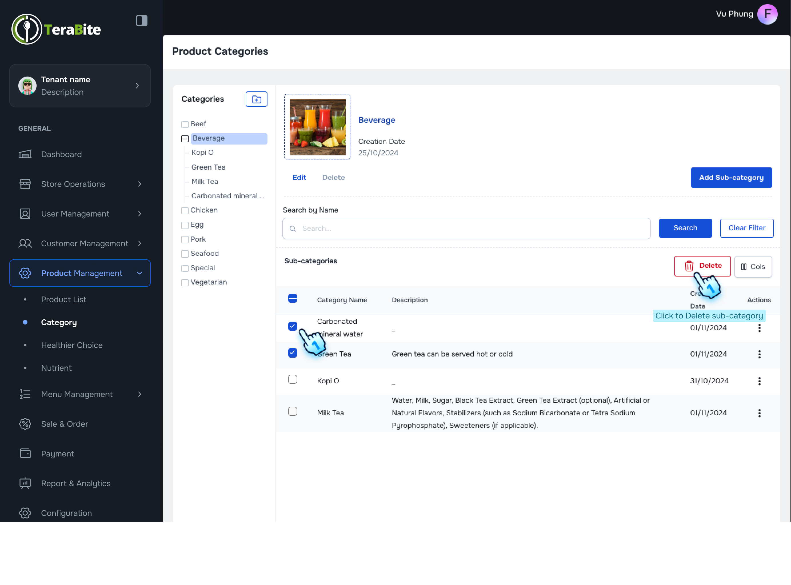 Check the sub-category and Click delete for all those checked sub-category