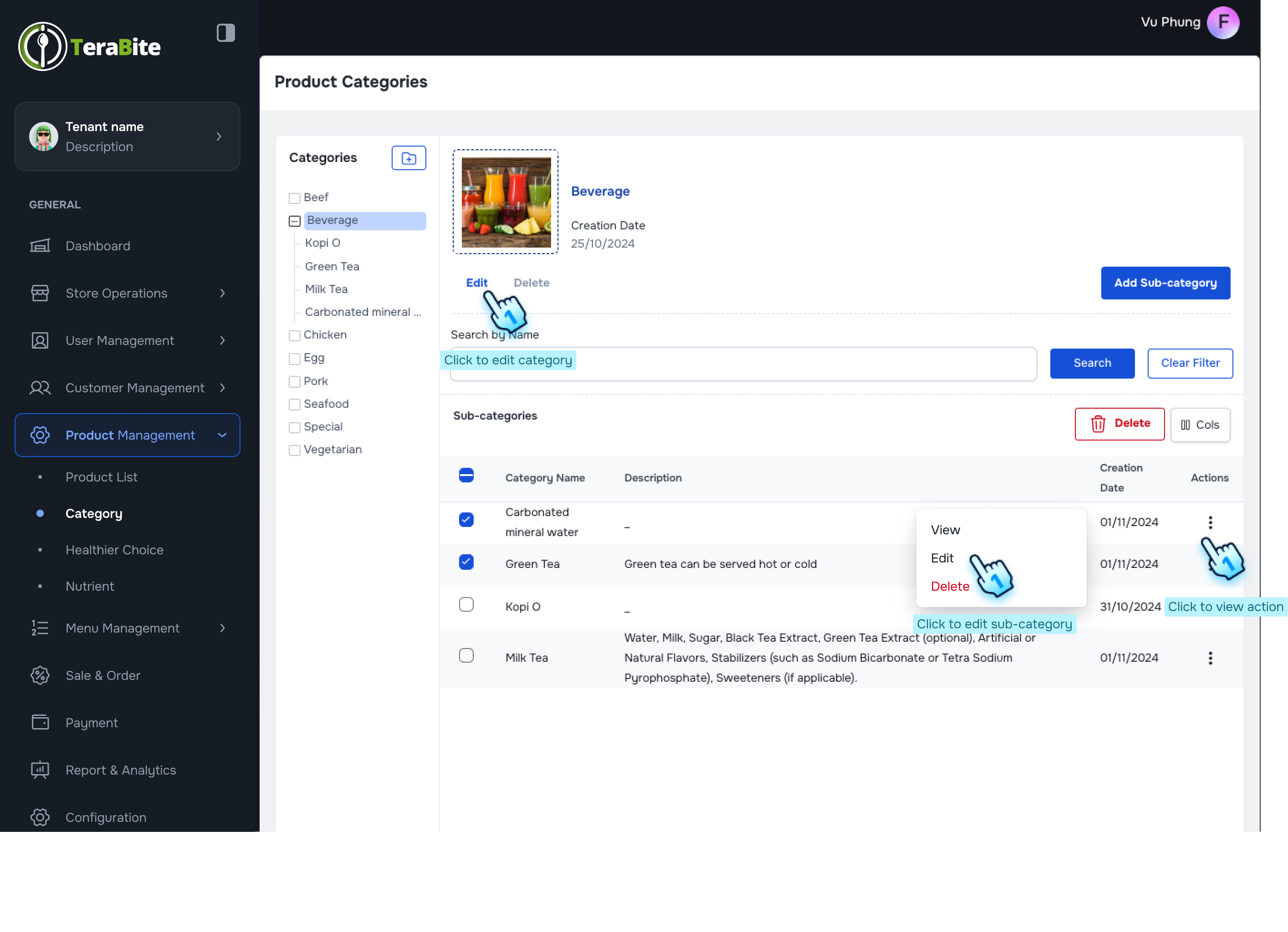Click Edit button under category photo to edit category, or Click edit button in the three dot menu of each sub-category to edit sub-category