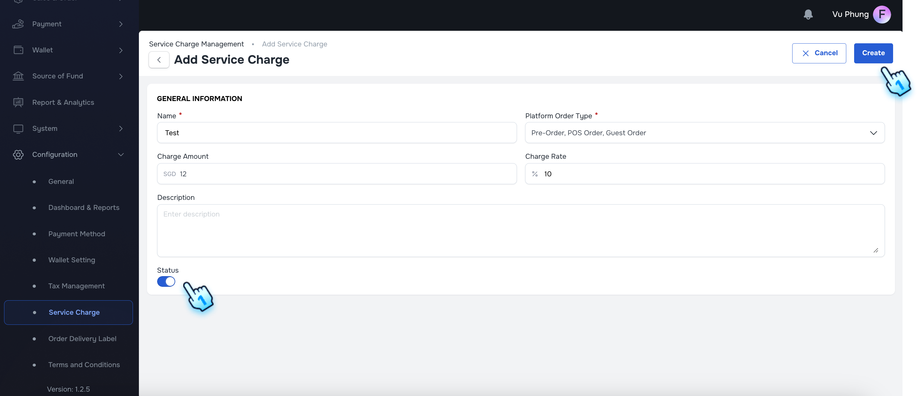 Toggle to activate Service Charge and Click Creat button to complete