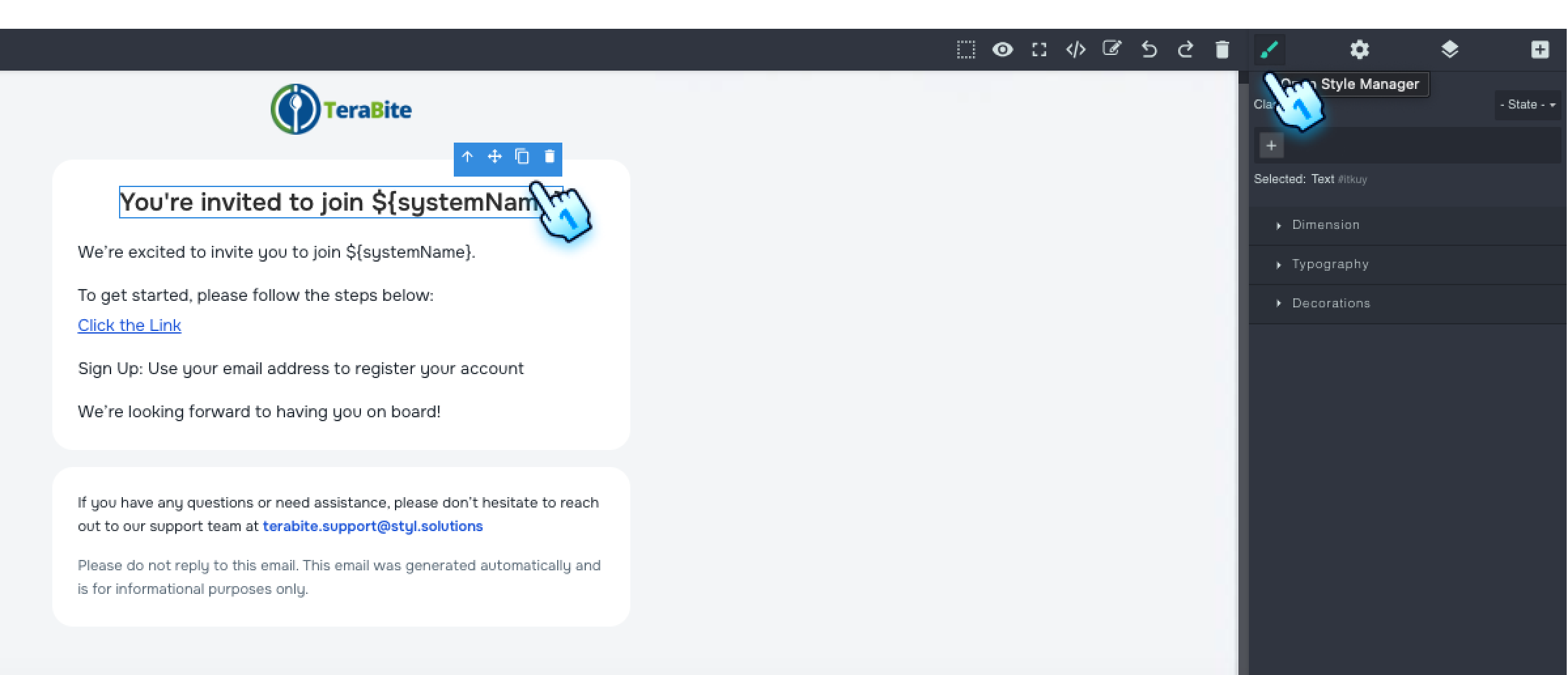 Click to button to copy component or Edit text format
