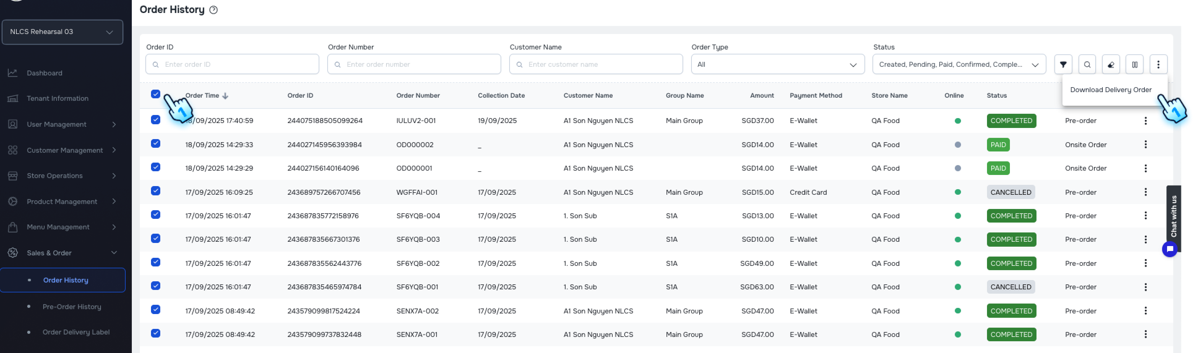 Select desired orrders and Click three dot to download selected Orders