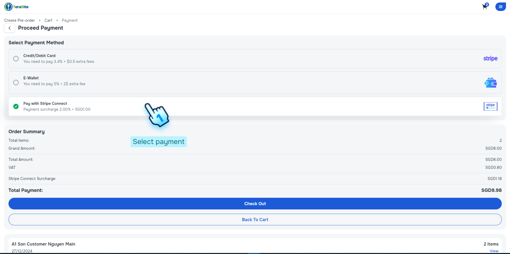 Customer select Pay with Stripe Connect method in C-Portal to record transaction into Stripe Connect Account