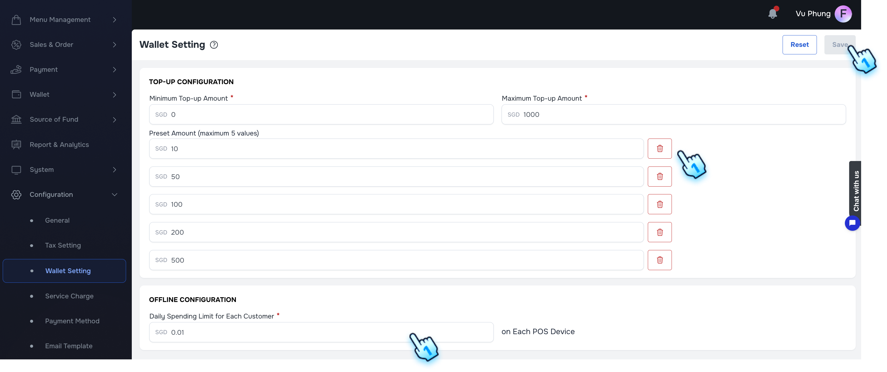 Edit, Delete, Save and Reset action in one page. User can enter the Daily Limit for Offline mode