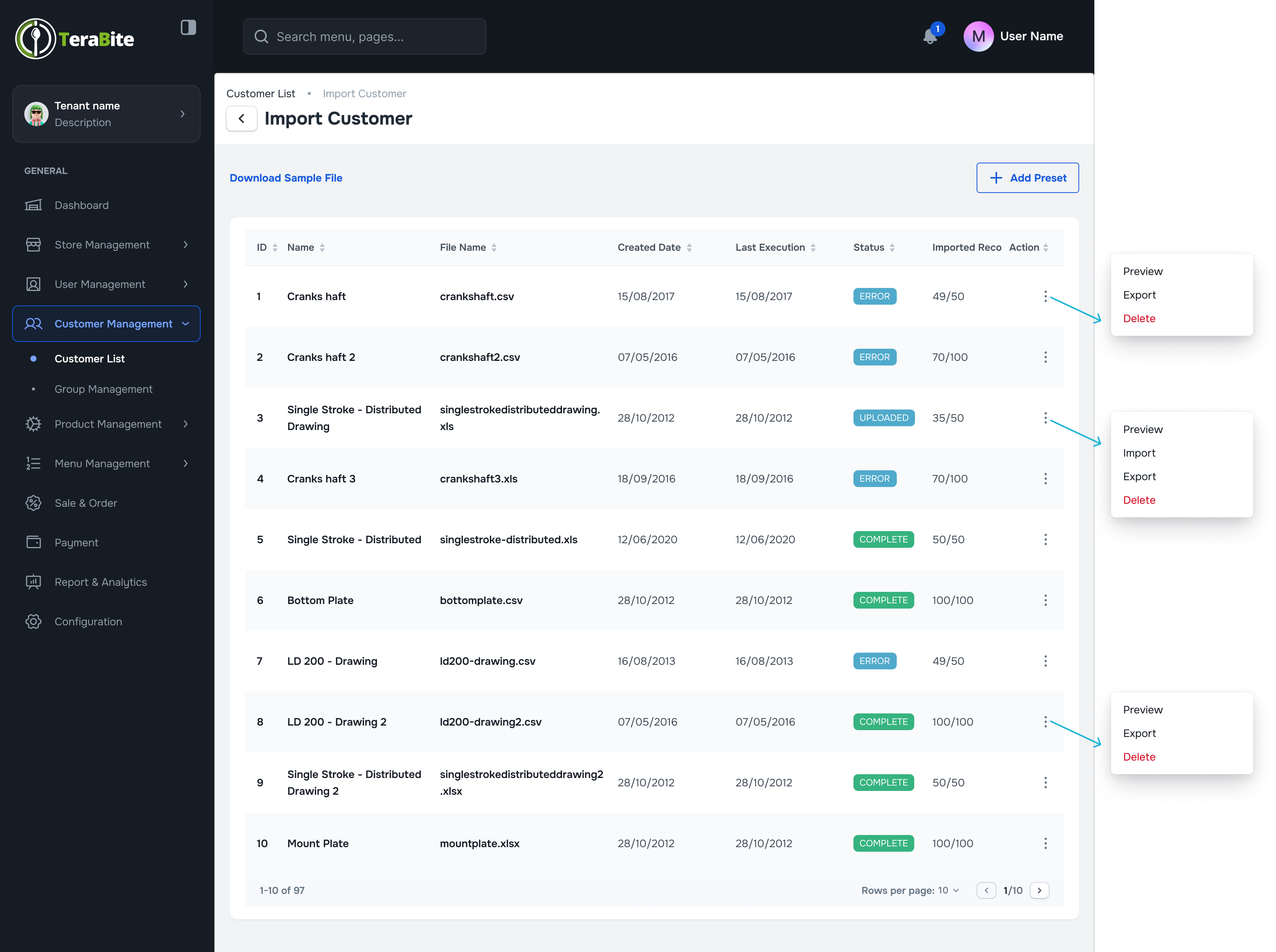 Click three-dot menu to display action by status for imported preset