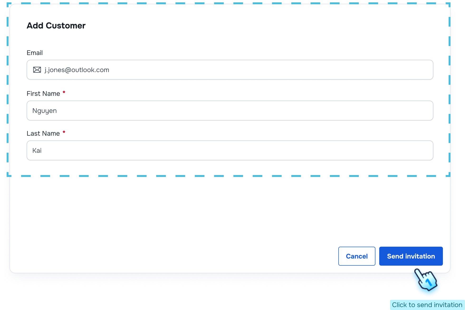 Fill information and click send invitation to add customer