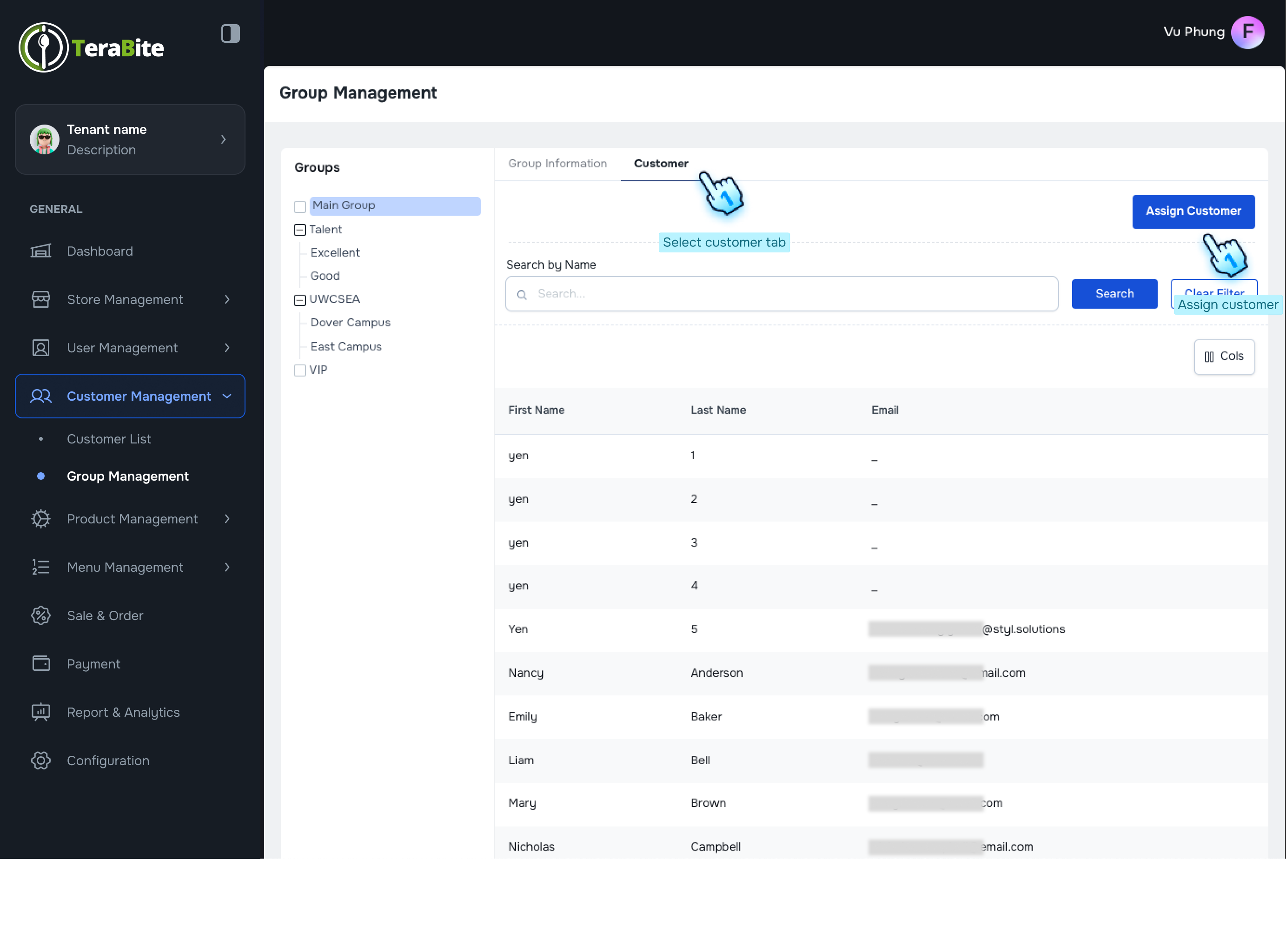 Navigate to Customer tab and click to button to assign customer