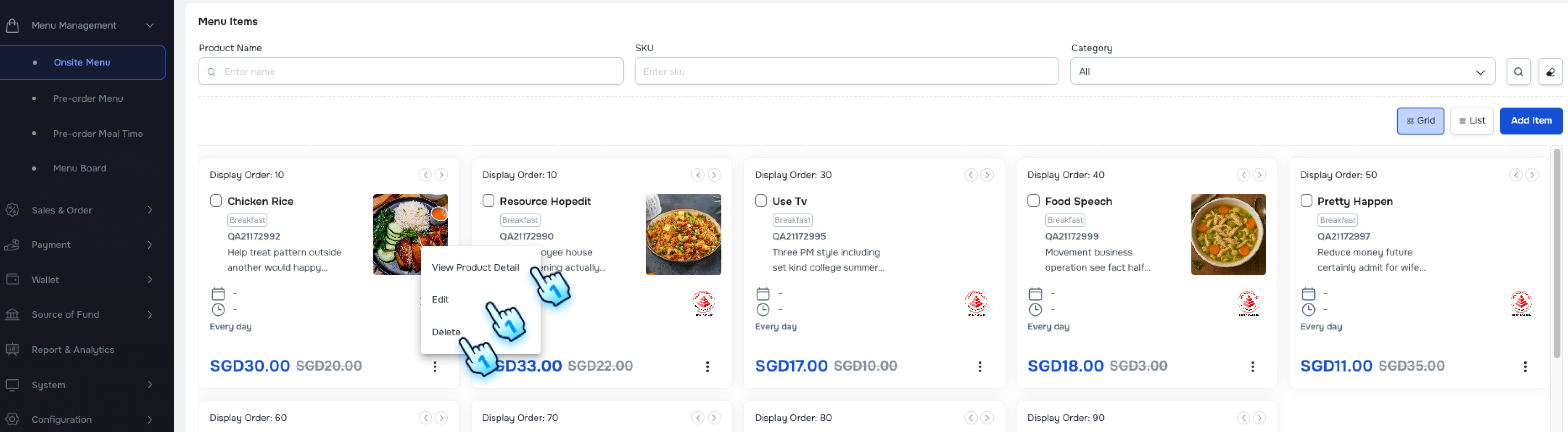 Click three dot to see actions. View product detail button will navigate to product details