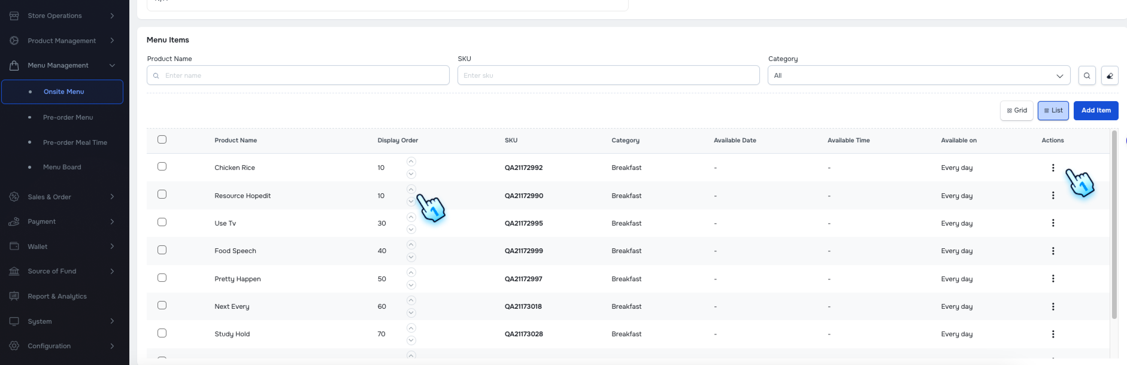 Click the up/down buttons in List view for rearrangement