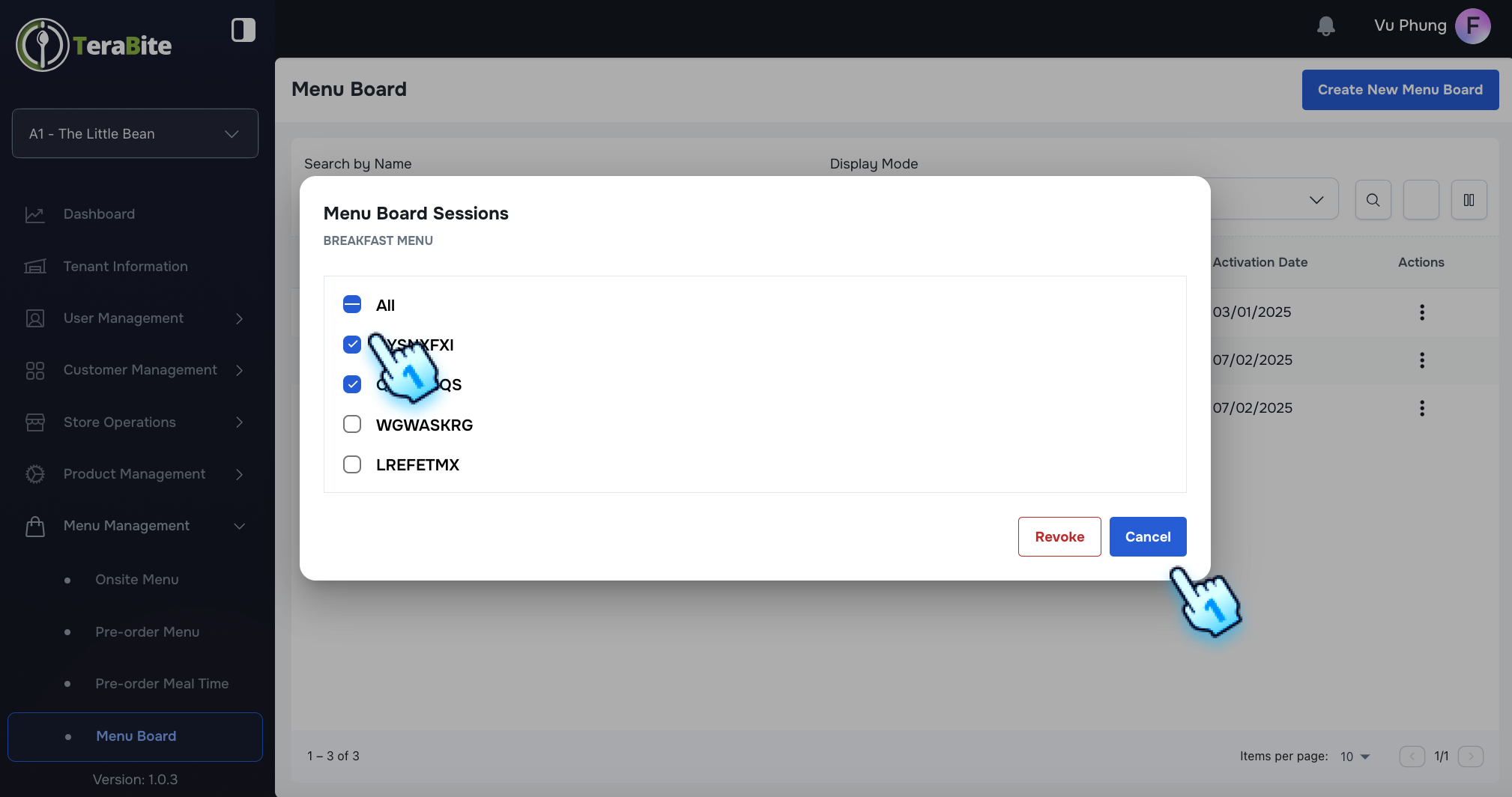 Select Menuboard Section code and click "Revoke" button to stop displaying on the device screen