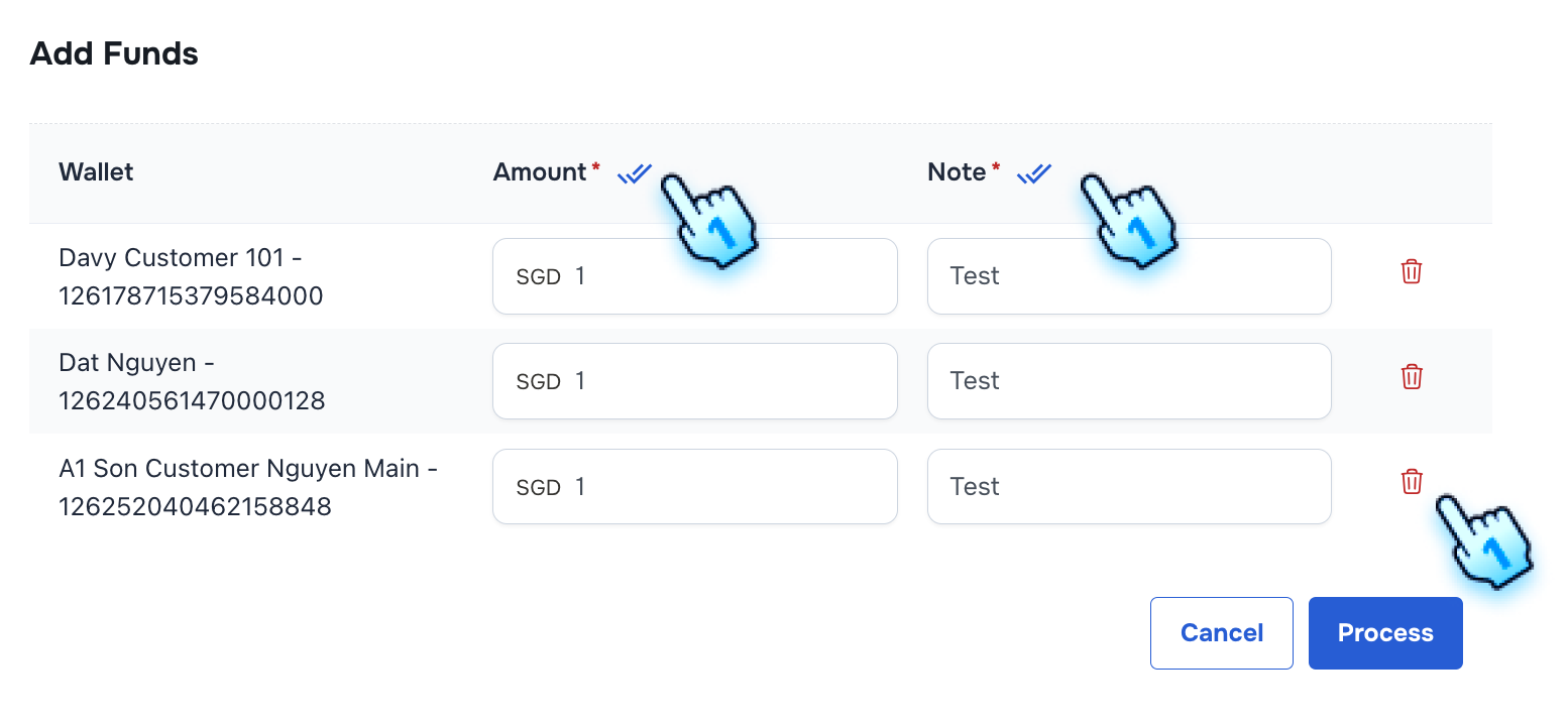 Click "Apply to All" button to quickly enter the same value for Amount and Note Or Click to Delete button to delete Wallet if necessary