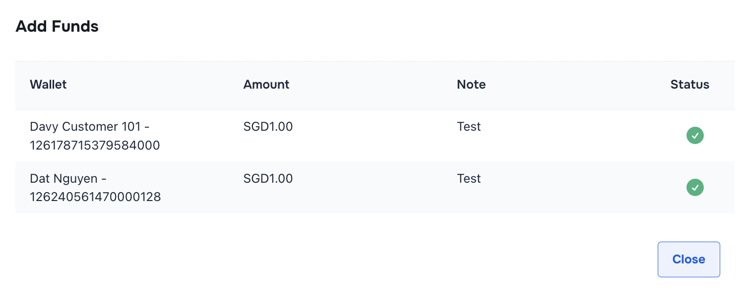 Add Fund to Selected Wallet successful