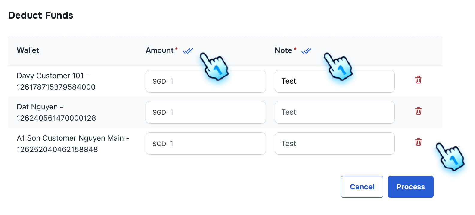 Click "Apply to All" button to quickly enter the same value for Amount and Note Or Click to Delete button to delete Wallet if necessary
