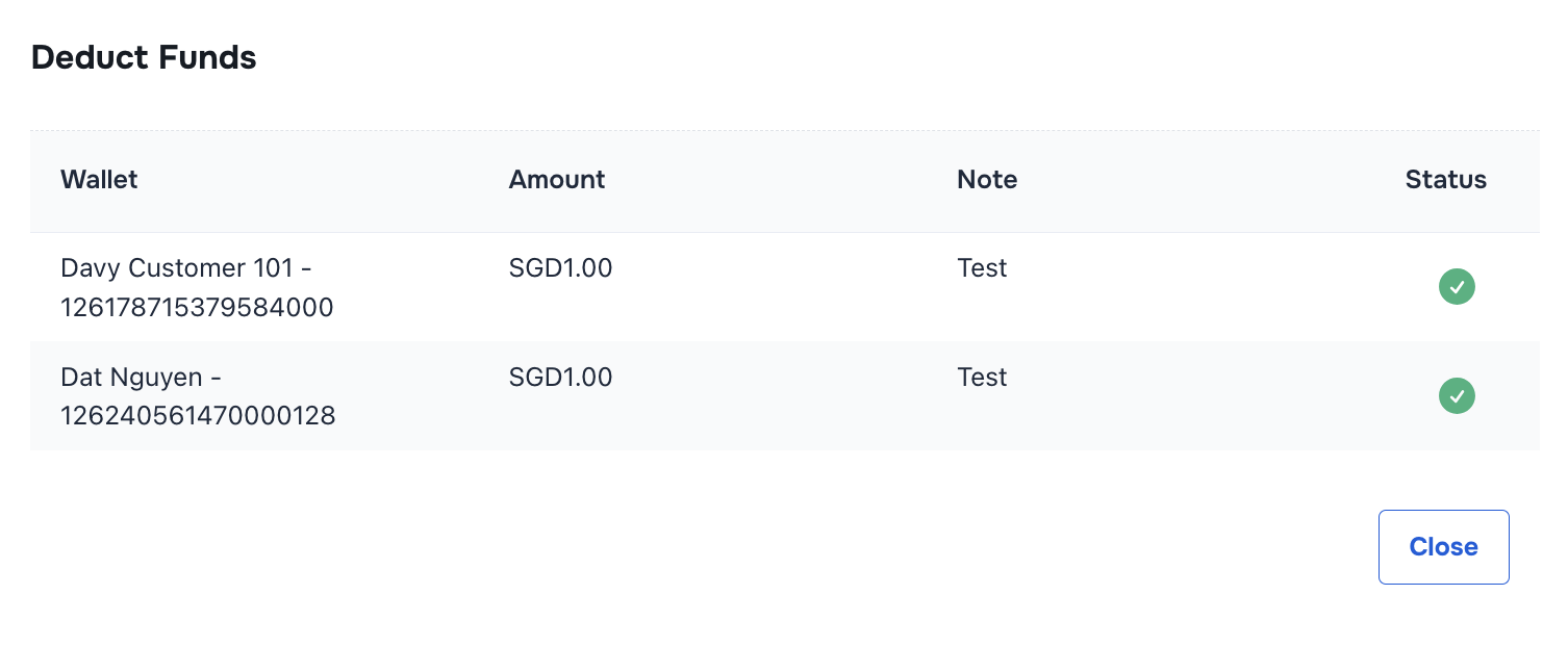Deduct Fund to Selected Wallet successful