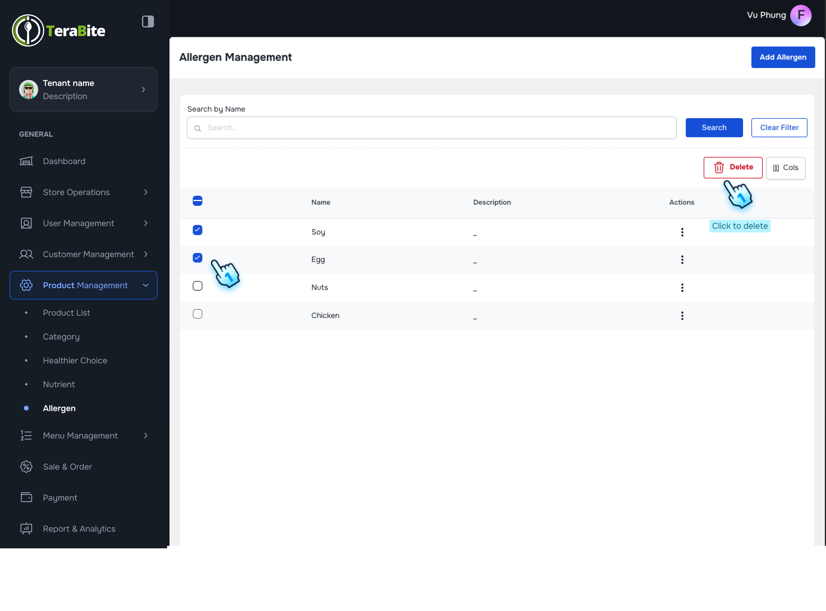 Check the Nutrient and click delete