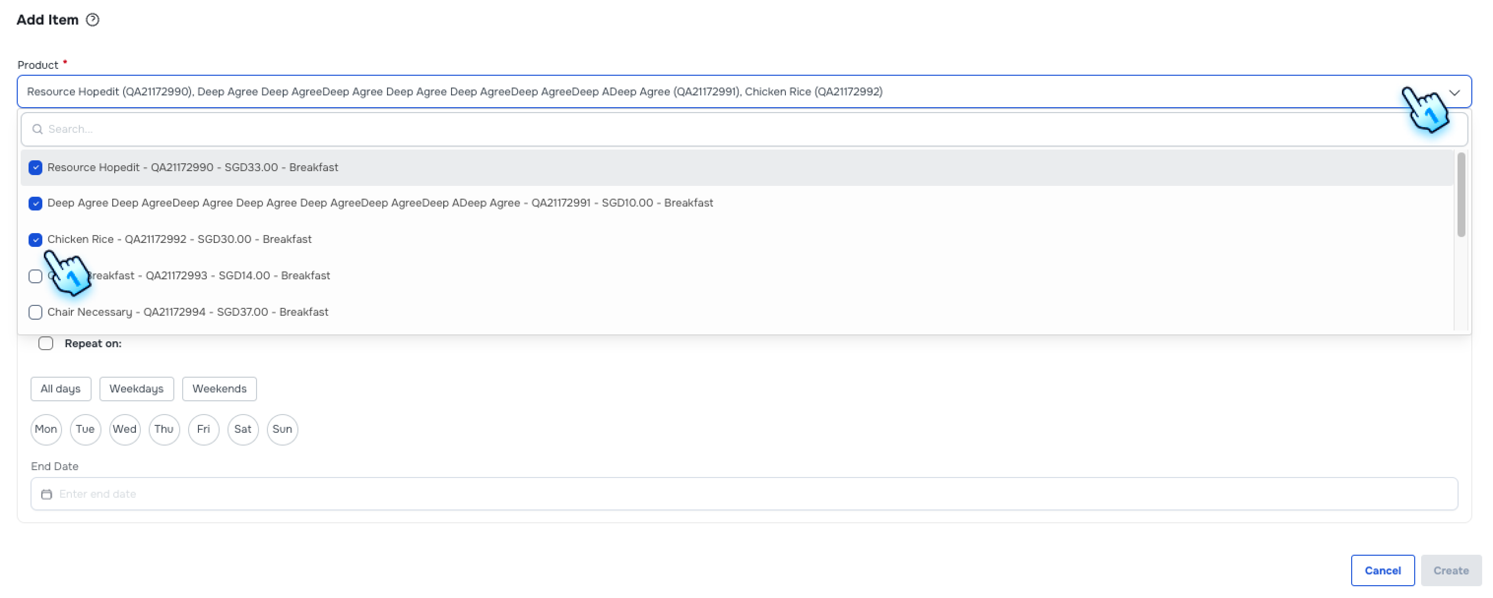 To add items, select item(s))
