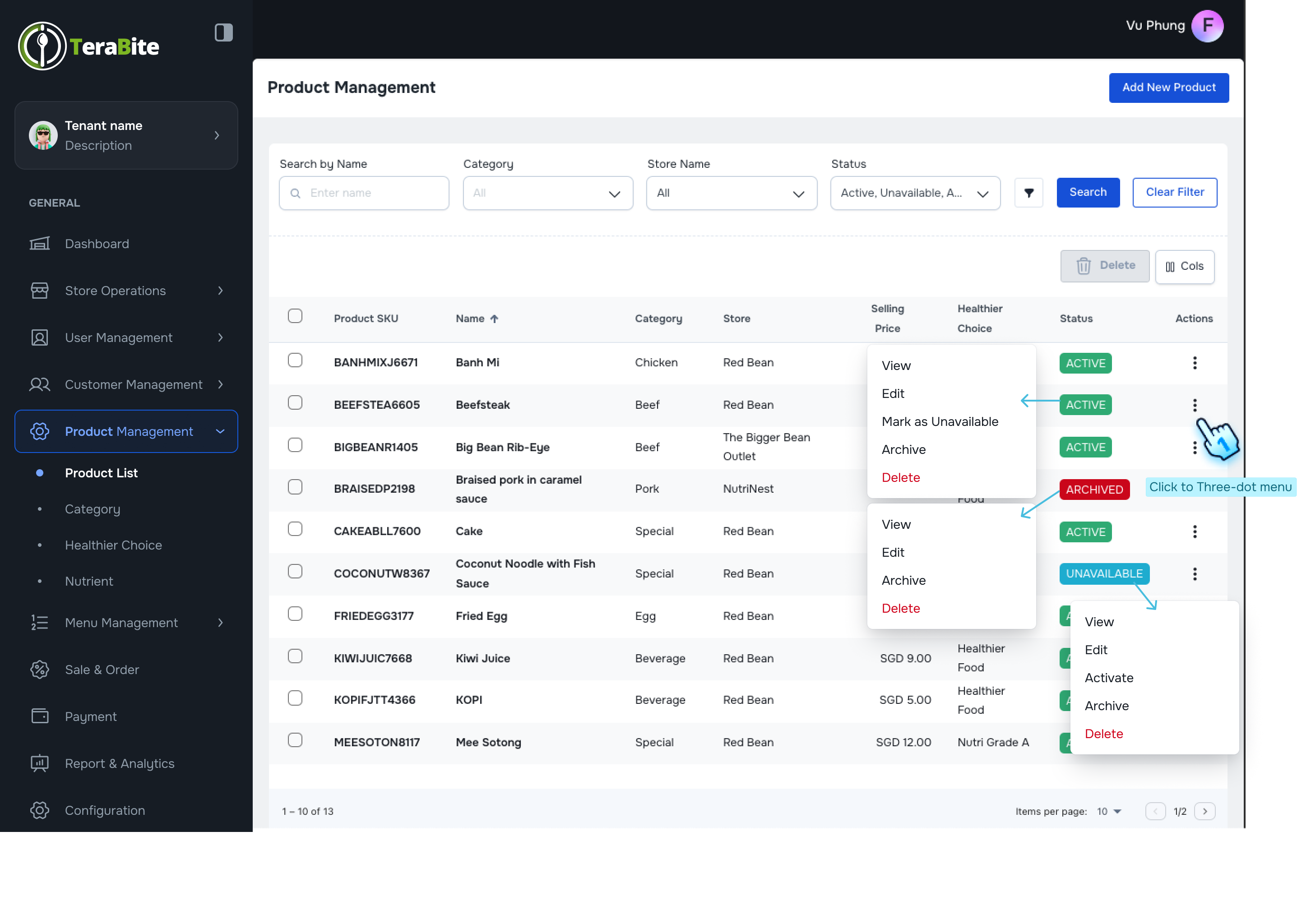 Click to three-dot menu to select action by status