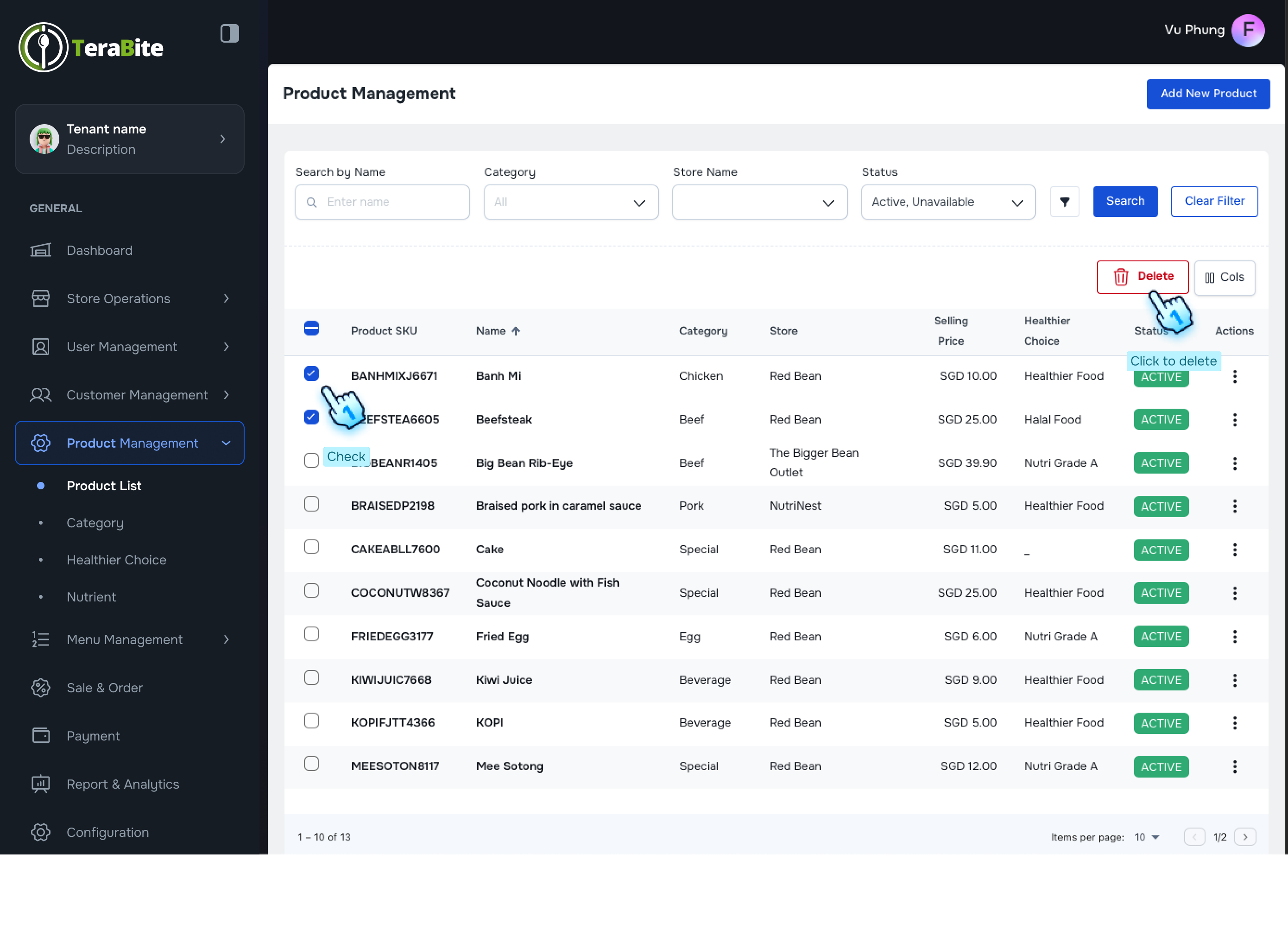 Check on product to Delete product