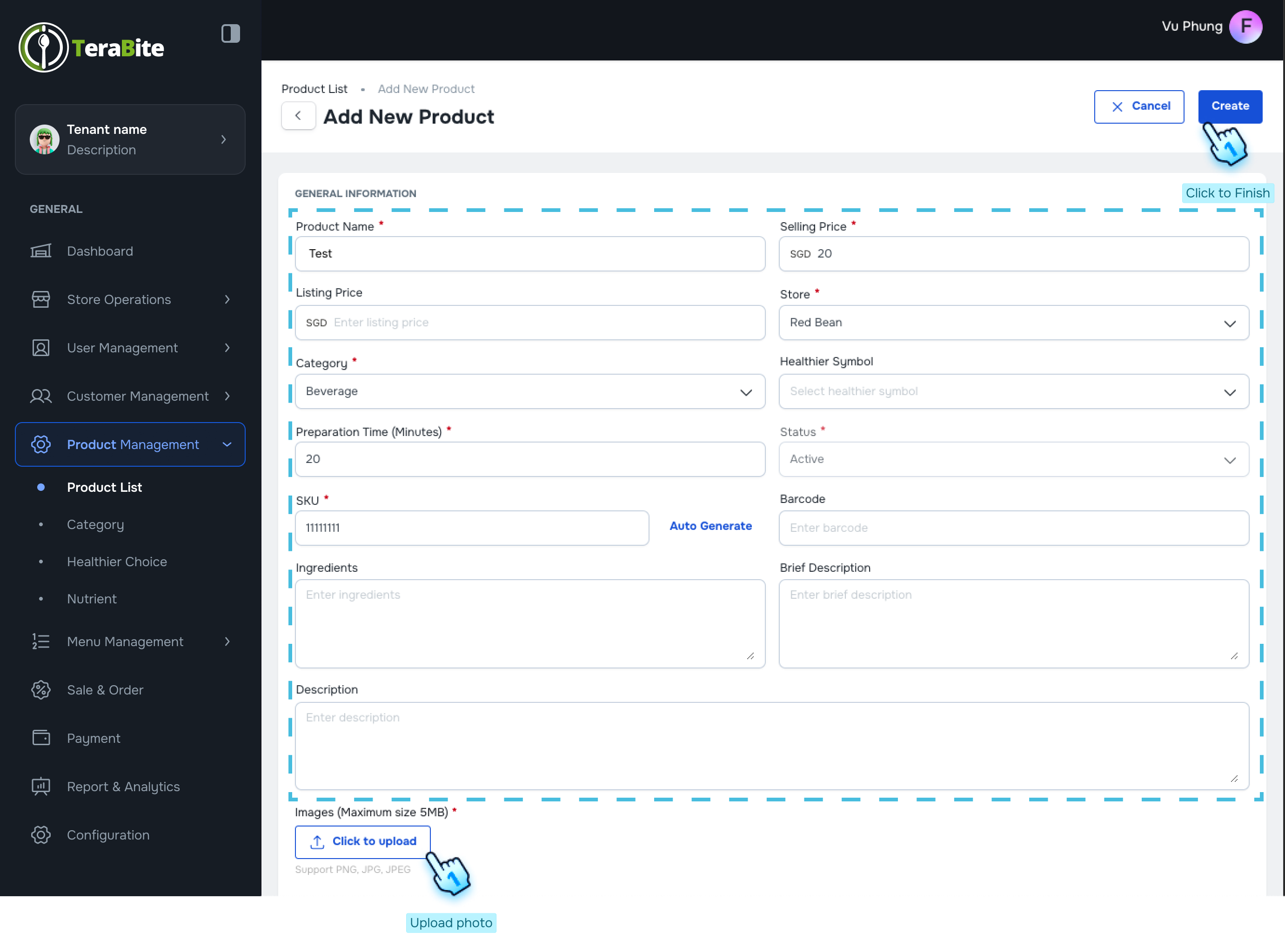 Fill information and create new product