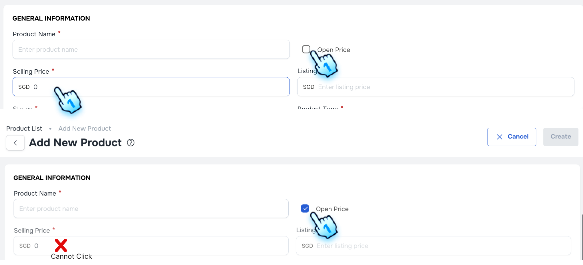 Uncheck to enter Price and Check to set Open Price for a product
