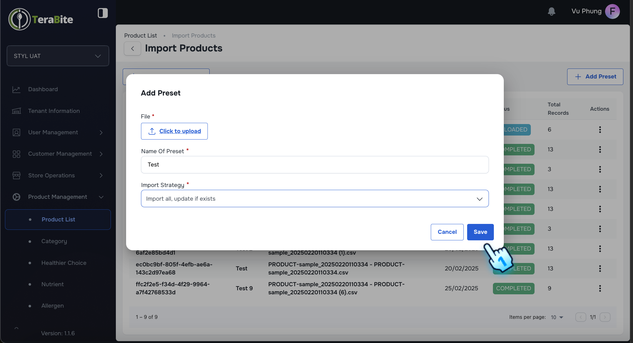 Save to Upload to the system