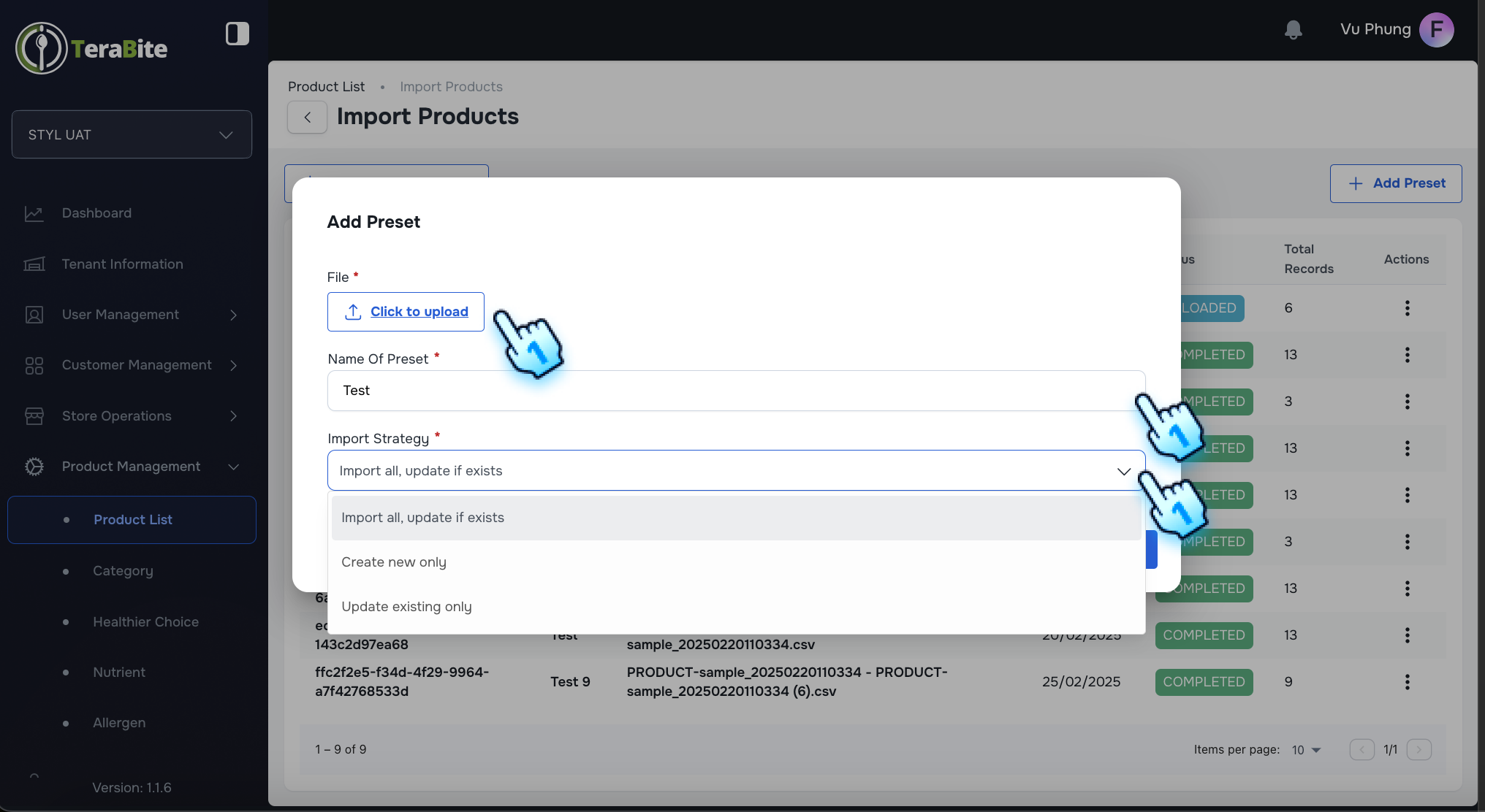 Upload Preset in the device, Enter Preset Name, and Select Import Strategy