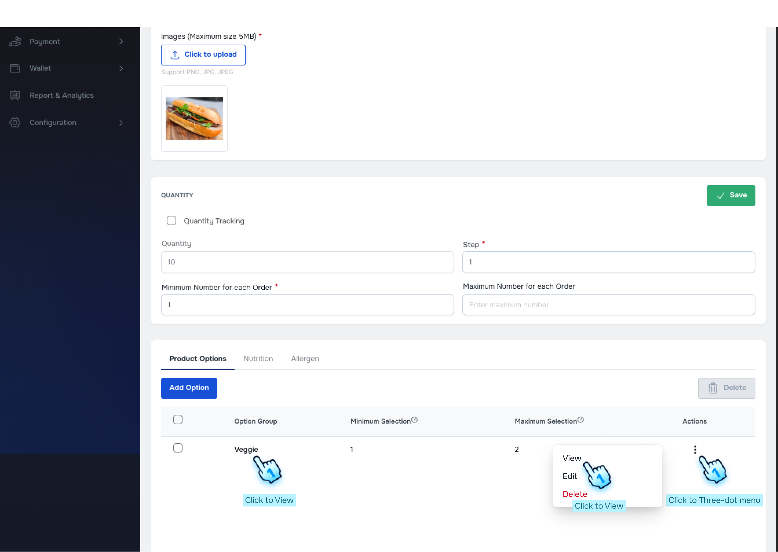 Click to each option or View button in the three-dot menu to view option