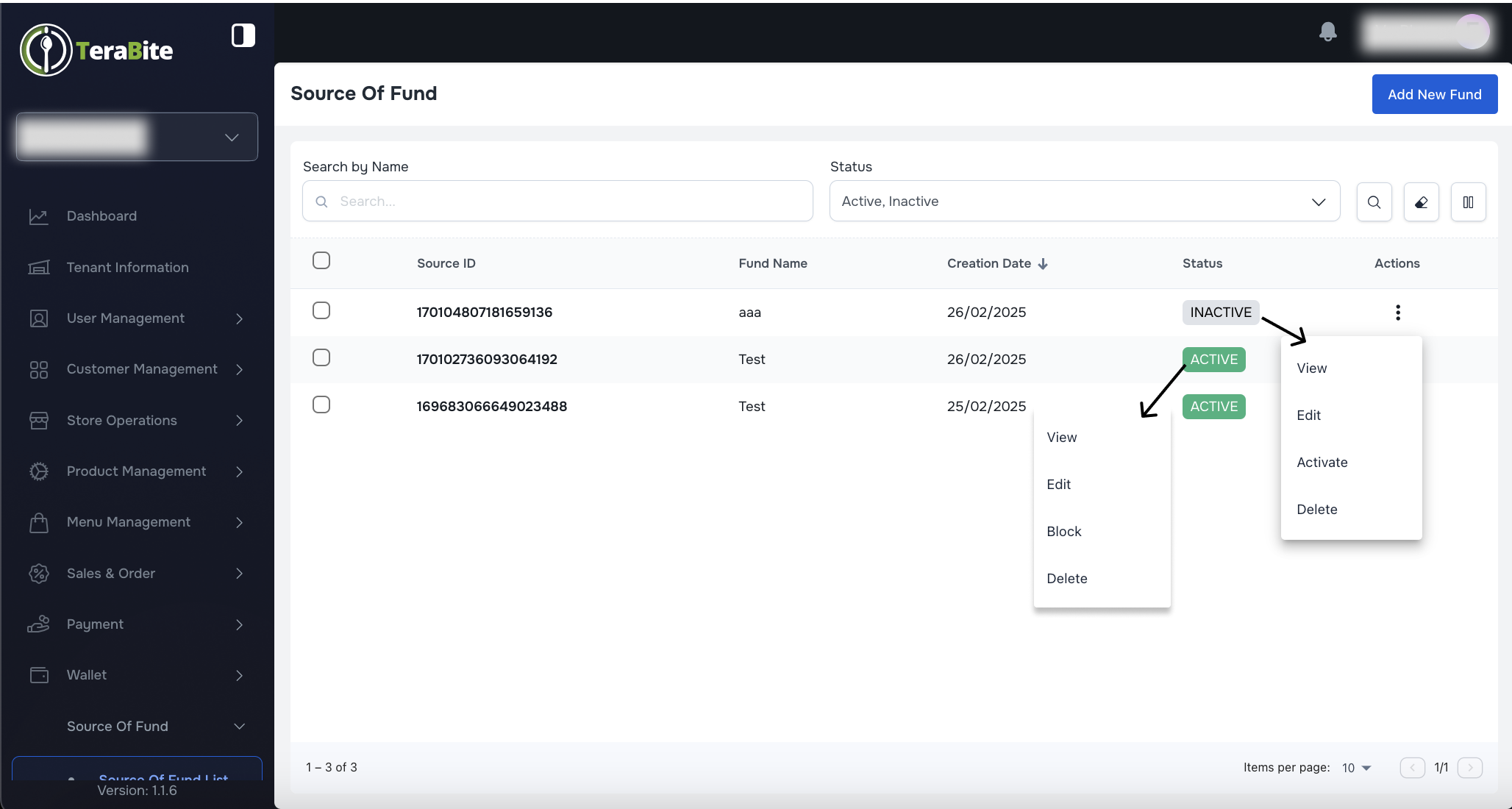 Click three-dot menu and view actions for each status