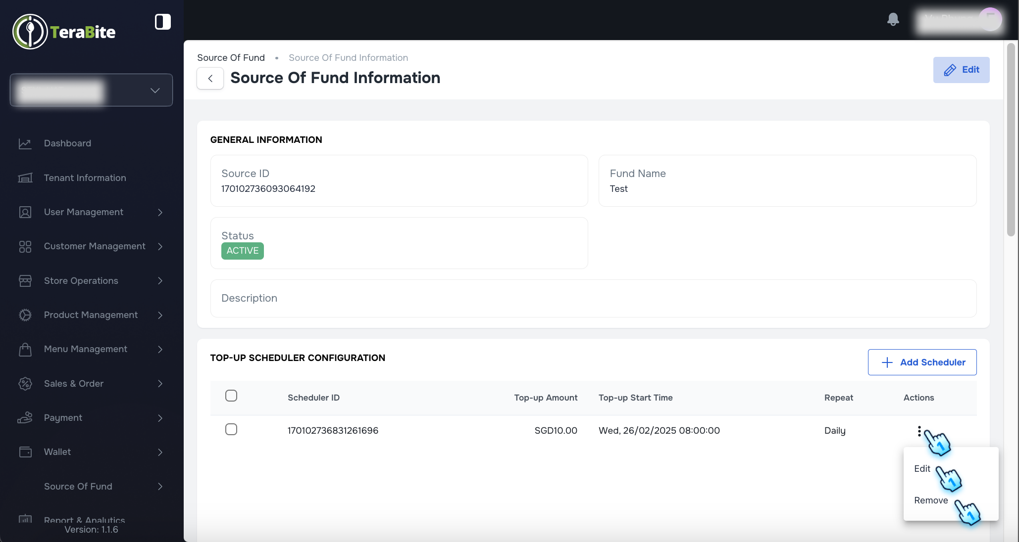 Click three-dot menu and view view actions for schedule