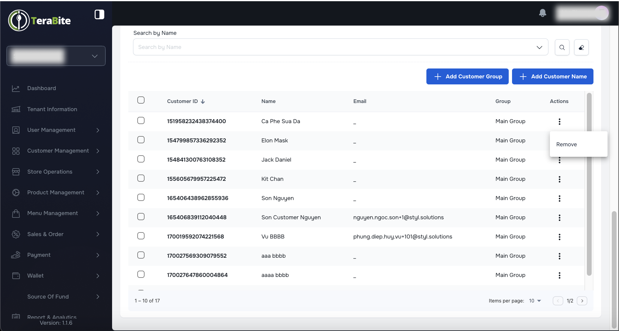 Remove customer in the list