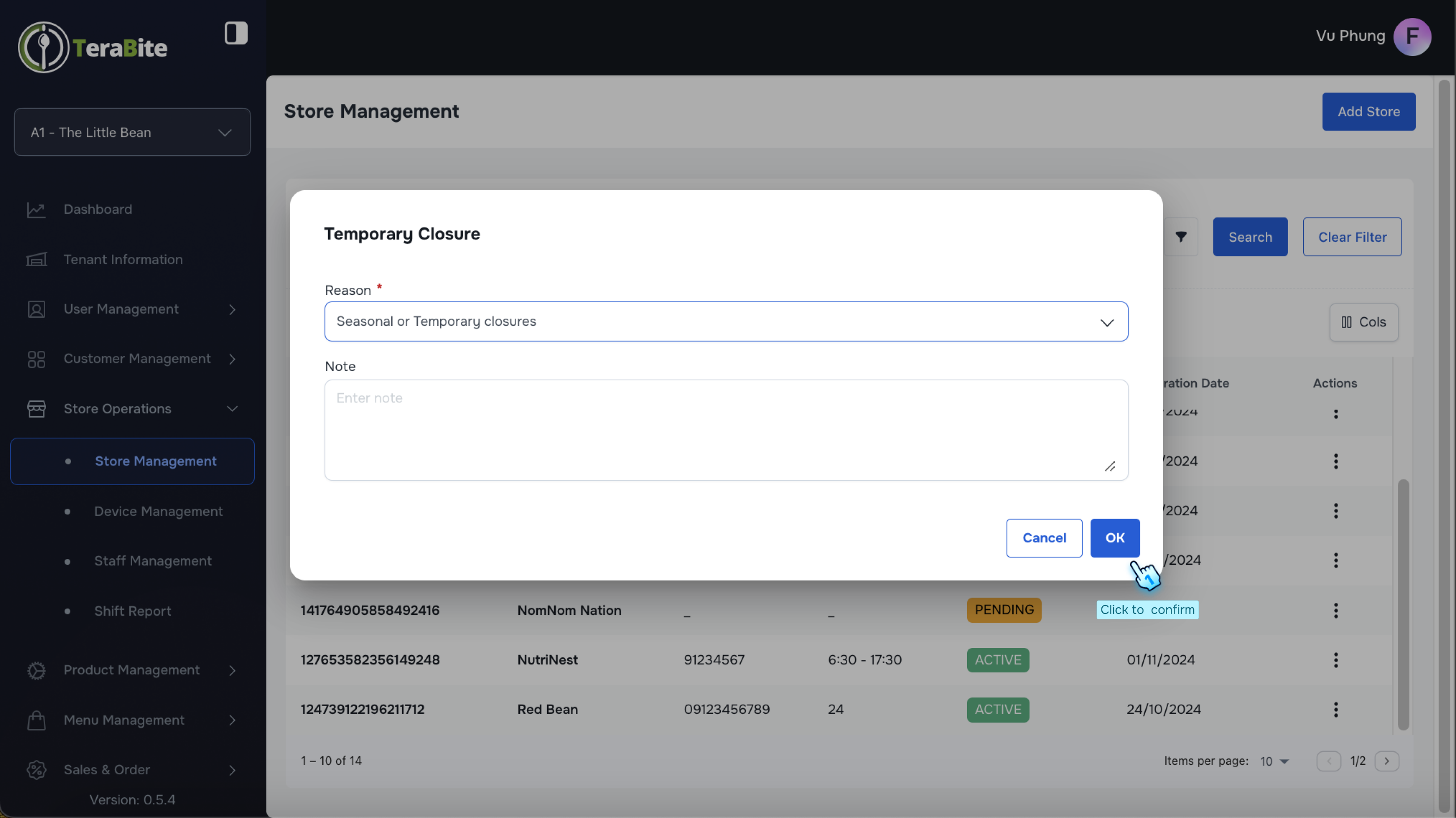 Confirm temporary closure