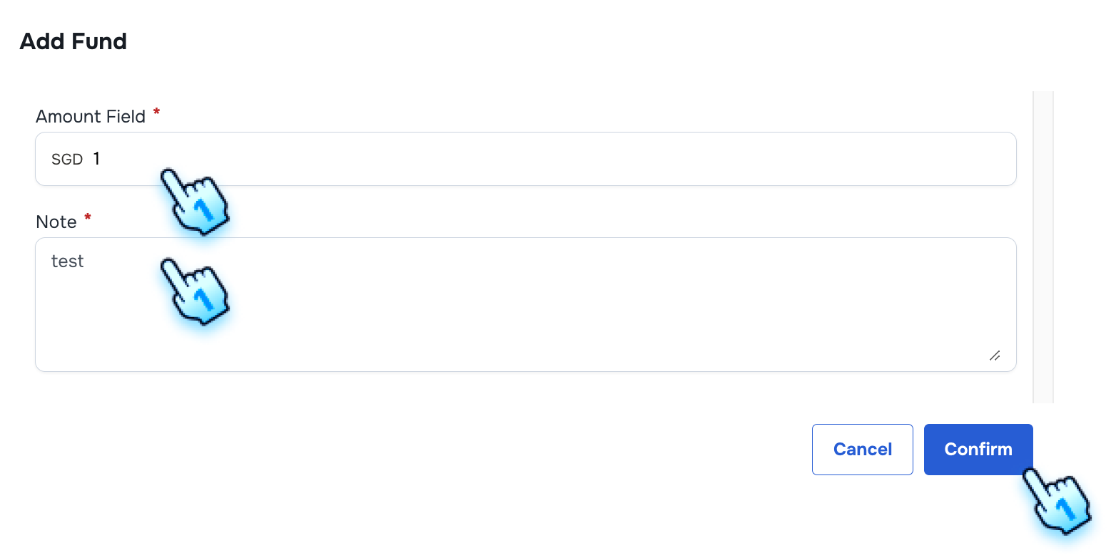 Enter Amount and Note to Add fund to Wallet